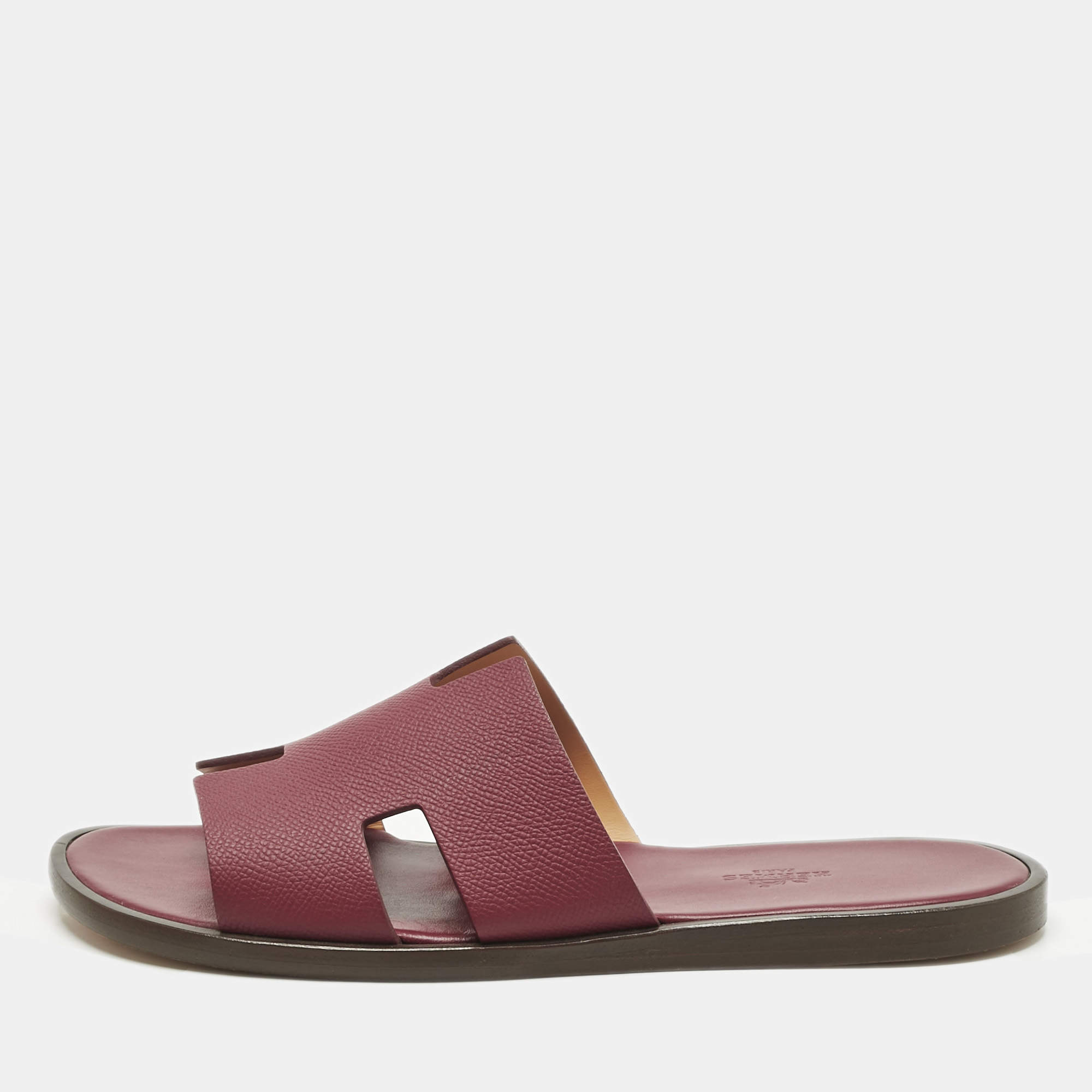 Pre Owned Hermes Burgundy Leather Izmir Flat Slides Size 41