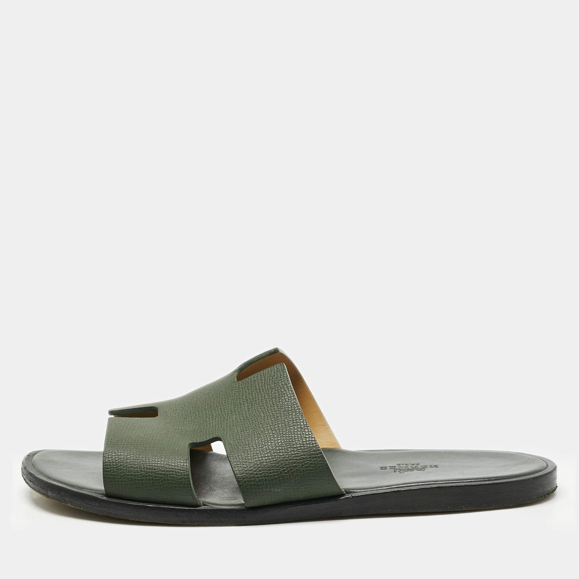 Pre Owned Hermes Green Leather Izmir Flat Slides  Size 41
