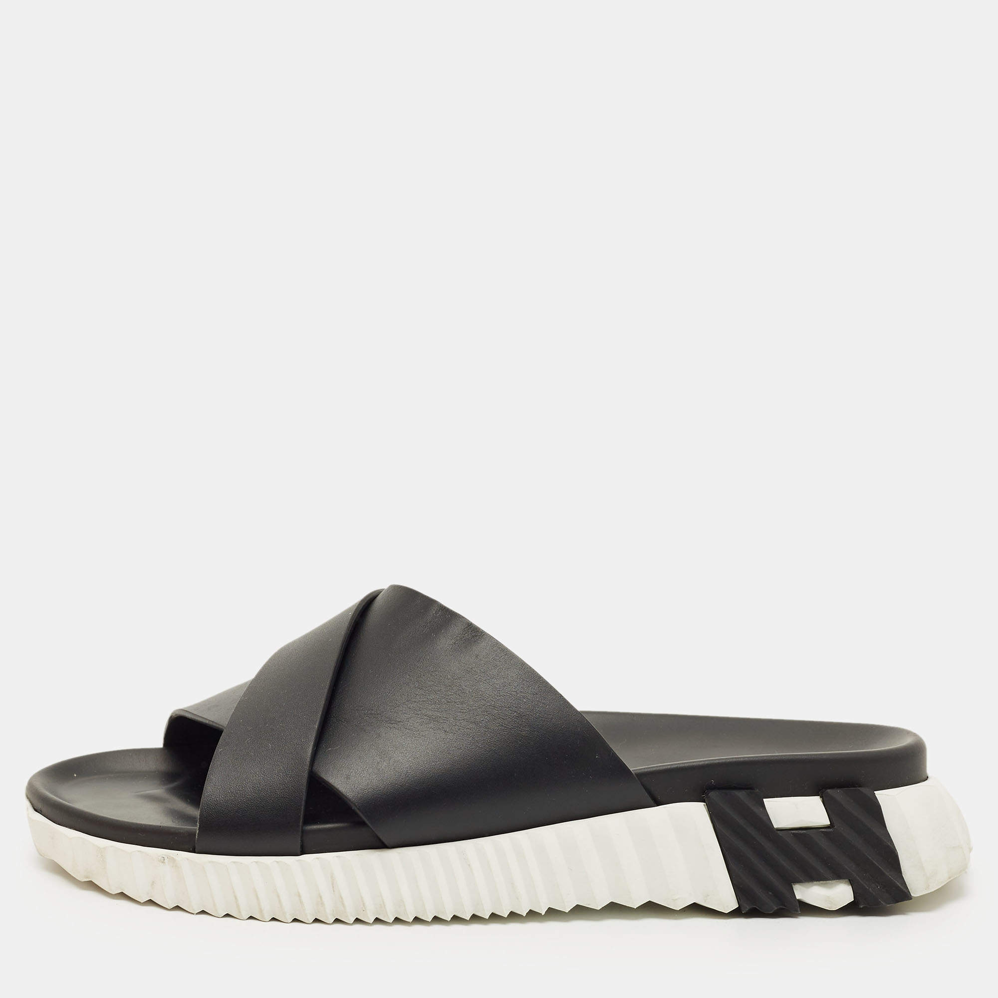 Pre Owned Hermes Black Leather Infra Flat Slides Size 42