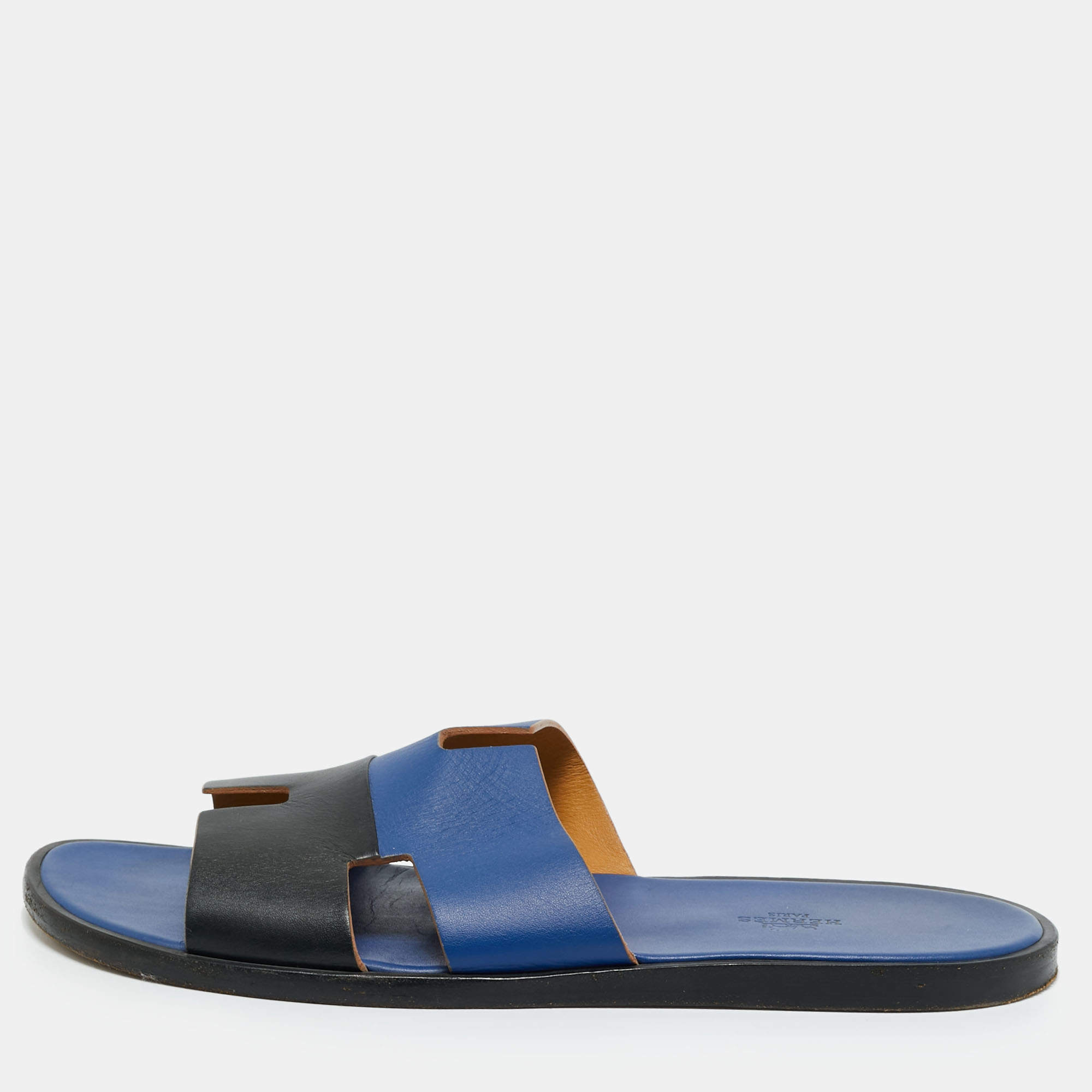 Pre Owned Hermès Black/Blue Leather Izmir Flat Sandals Size 45