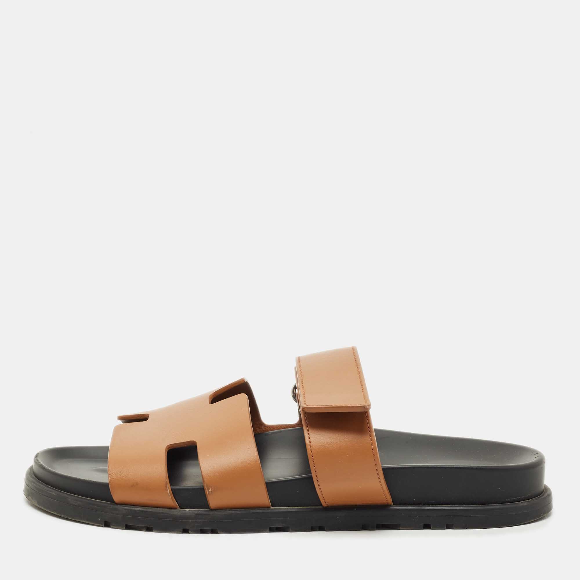 Pre Owned Hermès Brown Leather Chypre Flat Slides Size 40