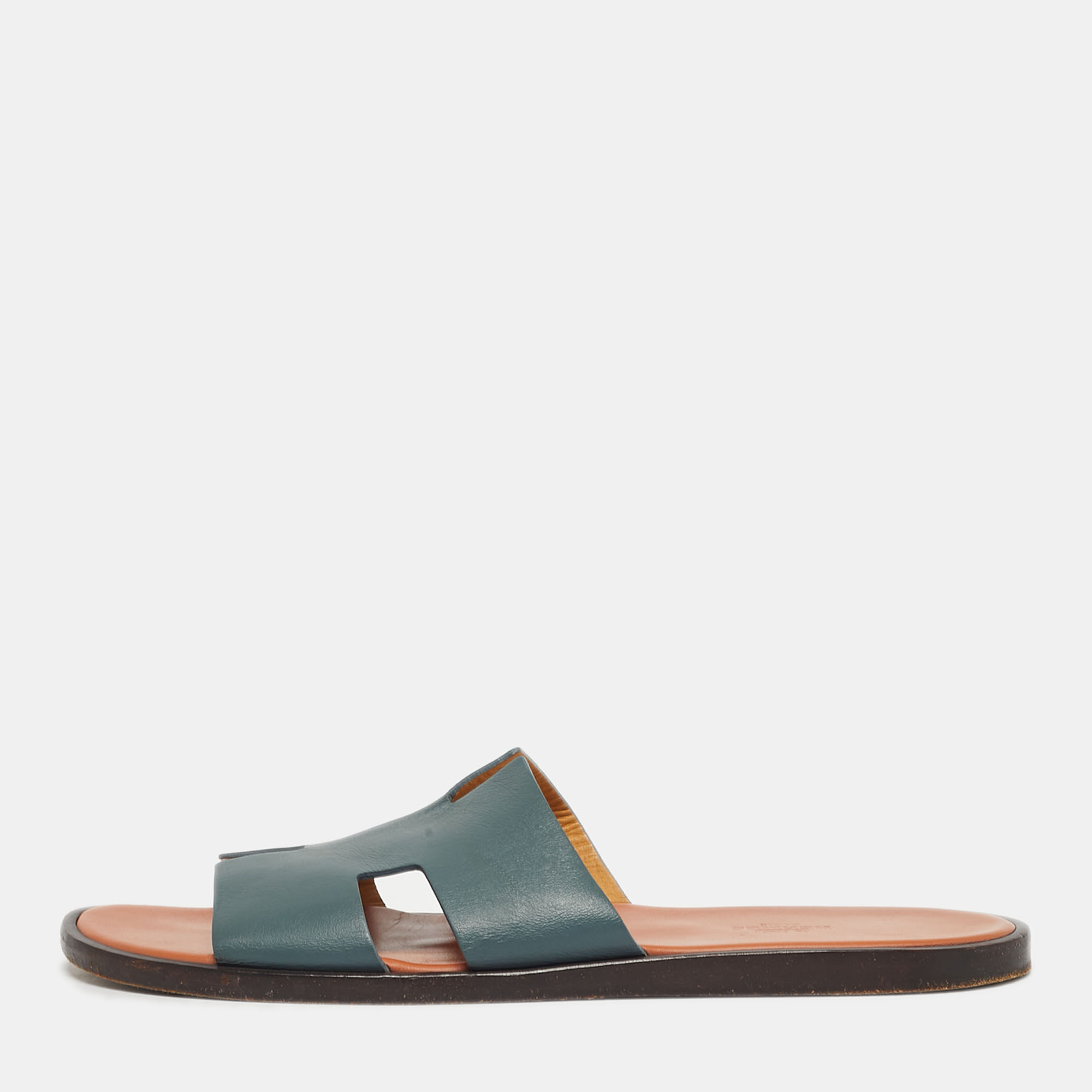 Pre Owned Hermes Blue Leather Izmir Flat Slide Sandals Size 43.5