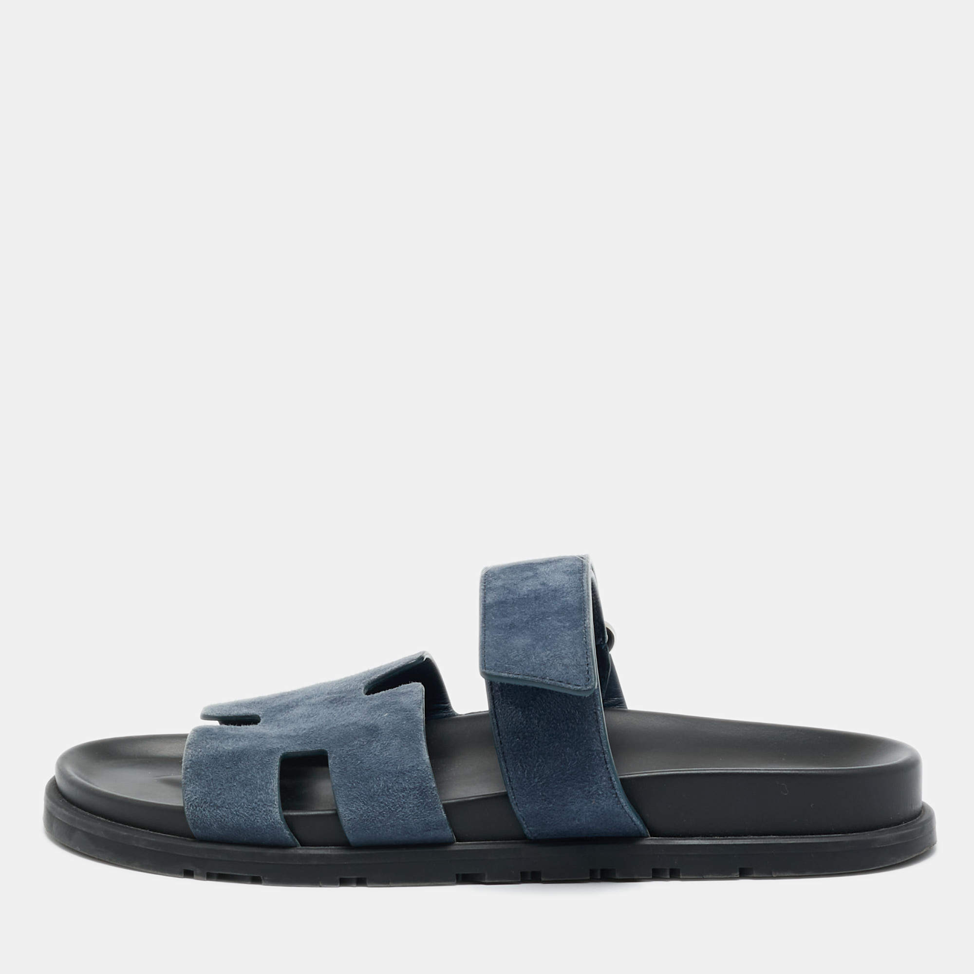 Pre Owned Hermes Dark Blue Suede Chypre Sandals Size 41.5