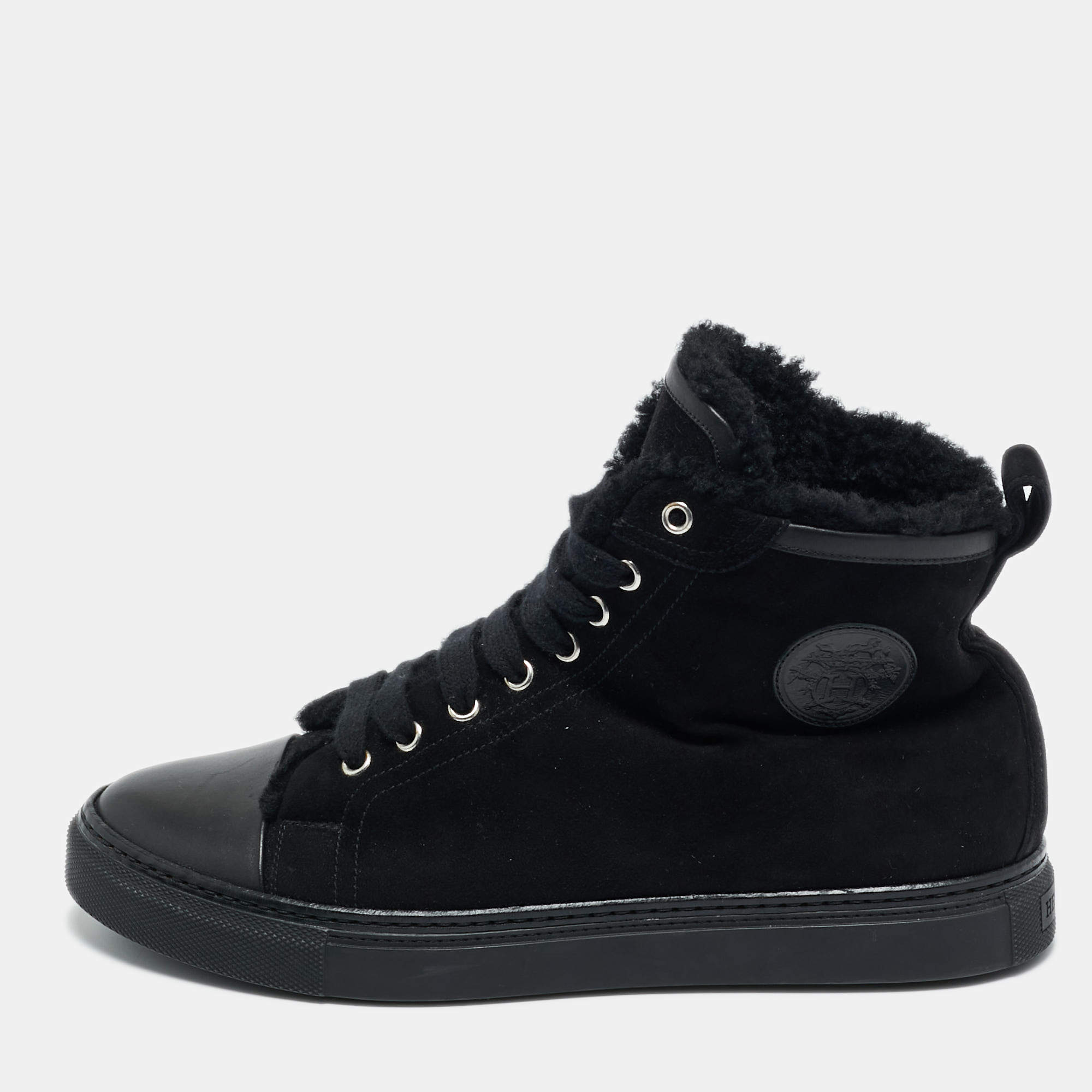 Pre Owned Hermes Black Leather and Suede Jimmy High Top Sneakers Size 41