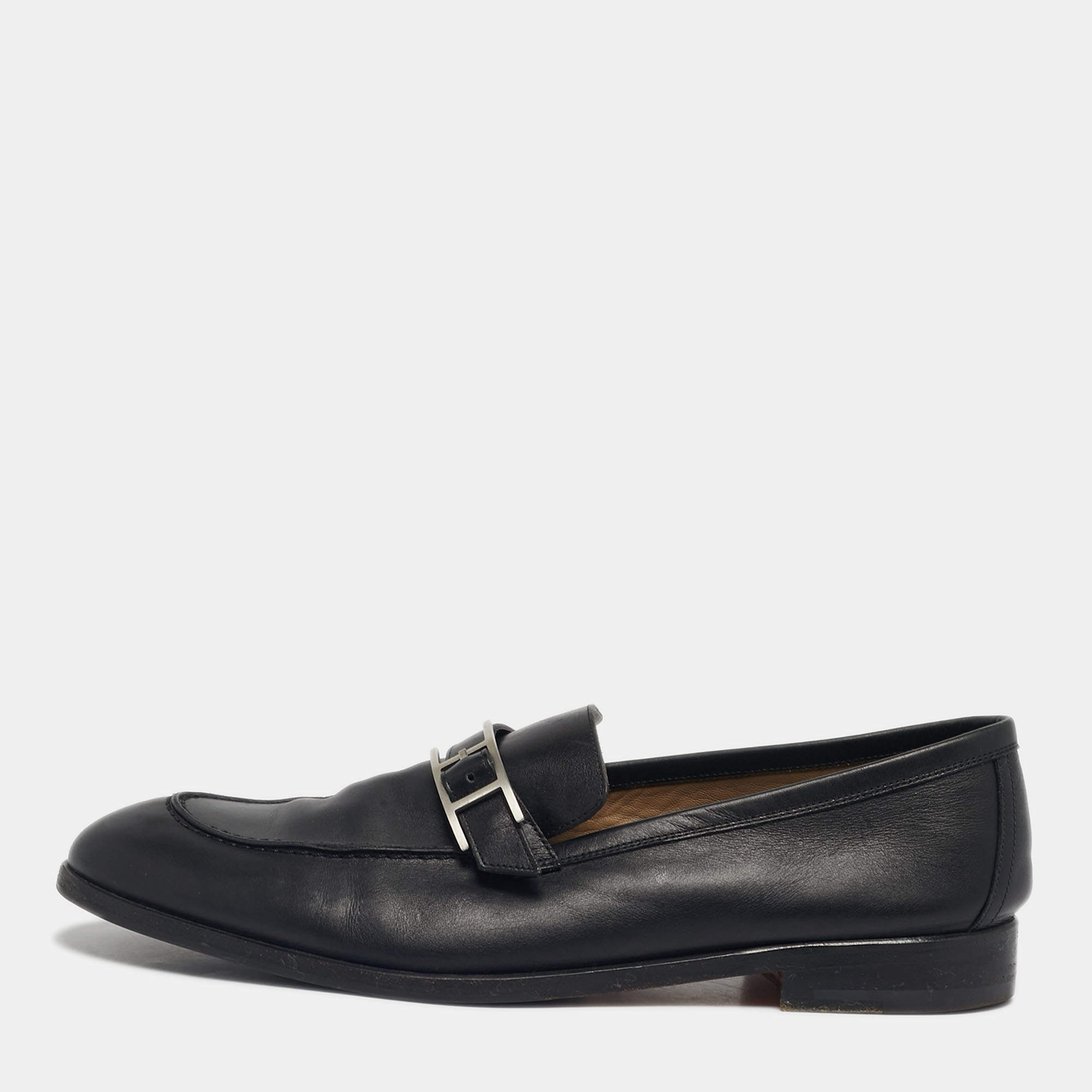 Pre Owned Hermes Black Leather Monterey Loafers Size 41.5