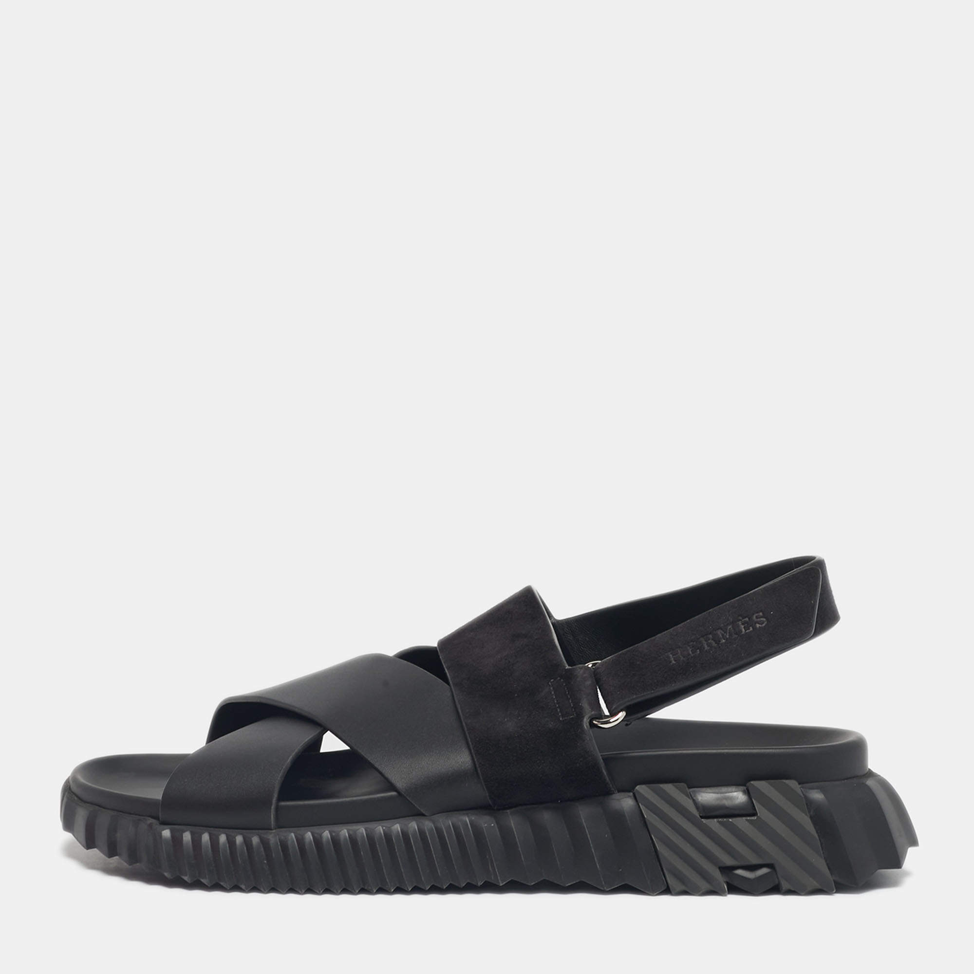 Pre Owned Hermès Black Leather and Suede Electric Sandals Size 42