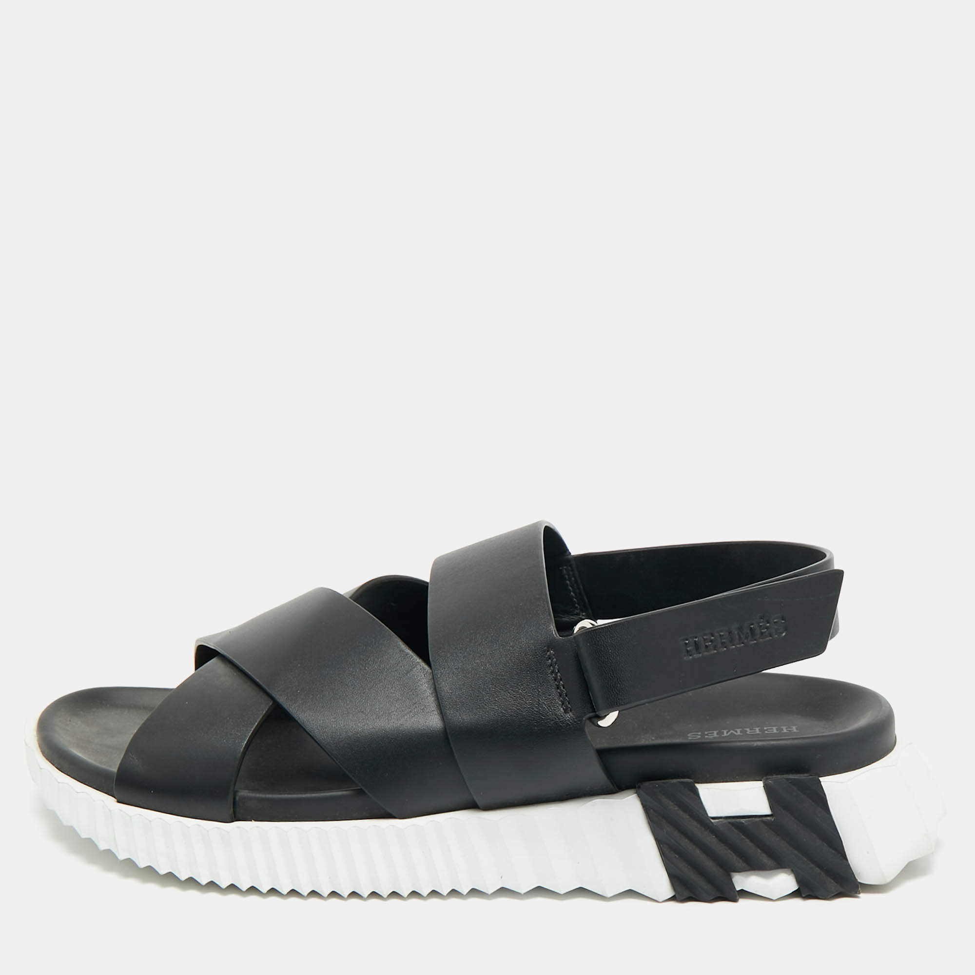Pre Owned Hermes Black Leather Junior Flat Sandals Size 43.5