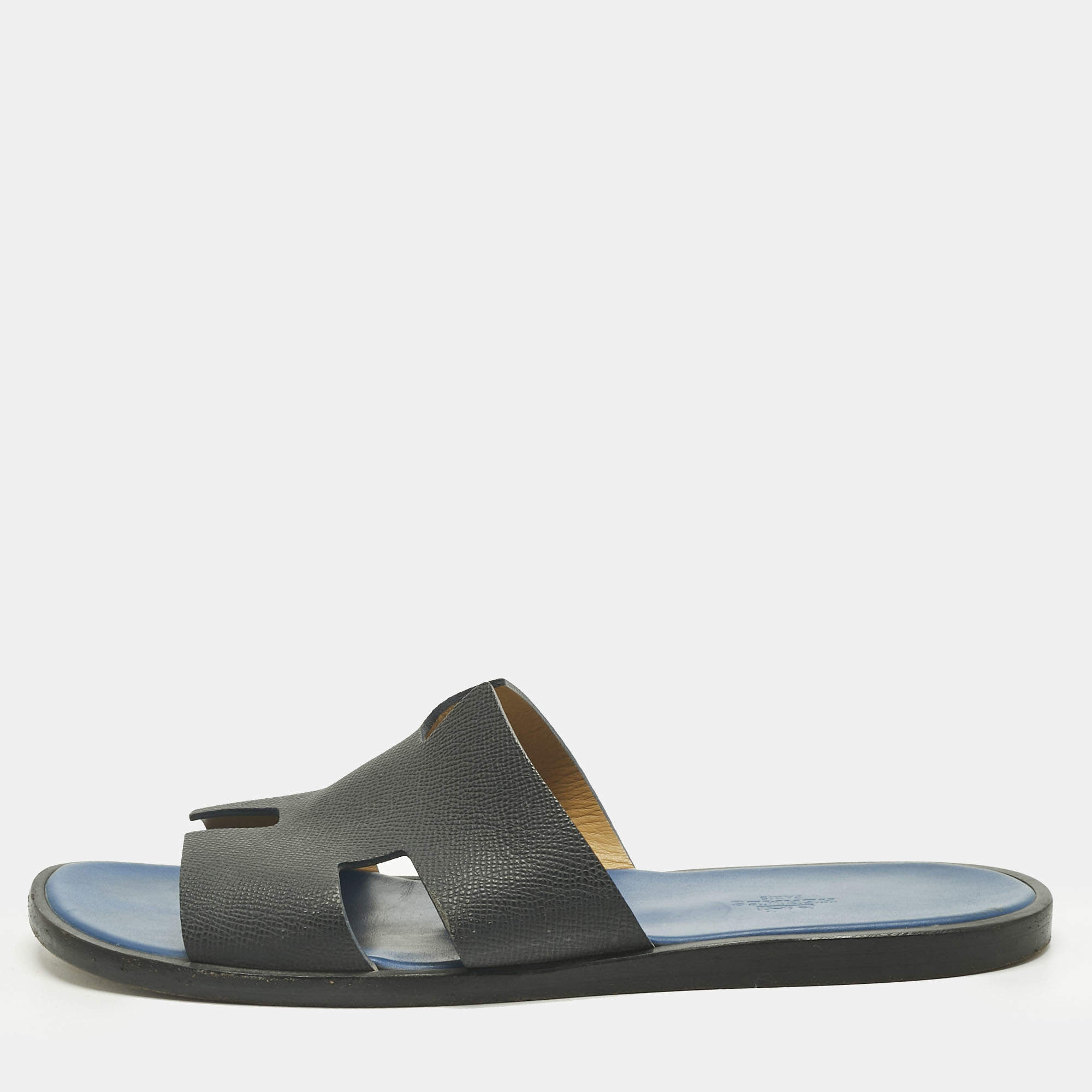 Pre Owned Hermes Navy Blue Leather Izmir Flat Slide Size 43.5