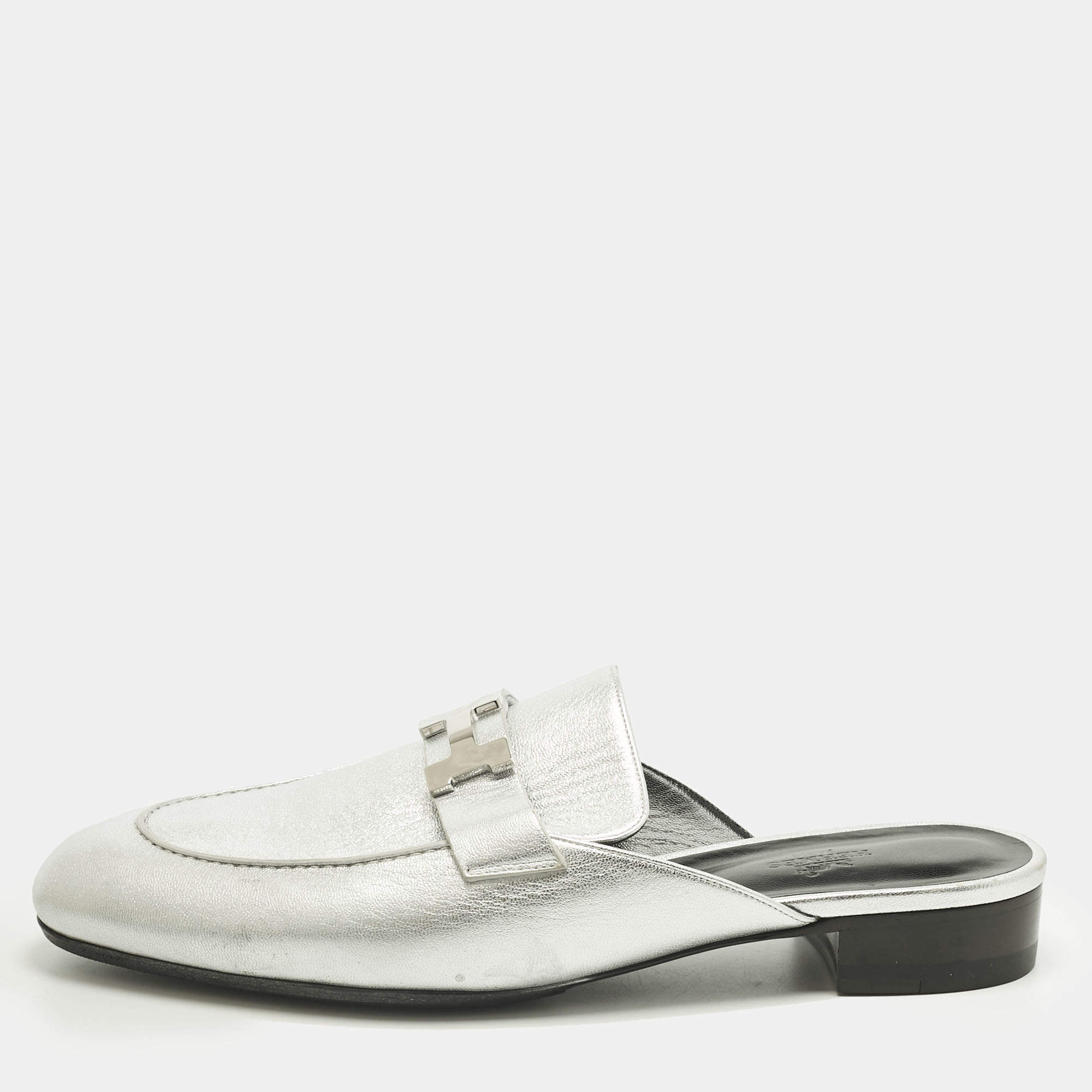 Pre Owned Hermès Silver Leather Trocadero Mules Size 41