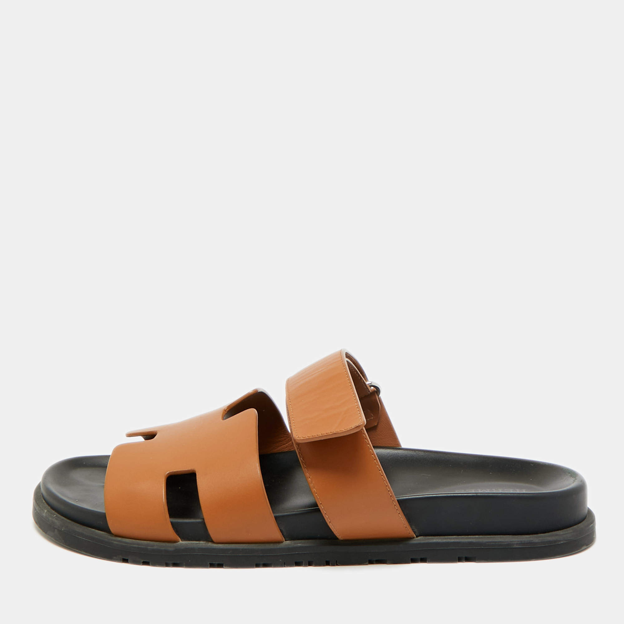 Pre Owned Hermes Brown Leather Chypre Flat Sandals Slide 42