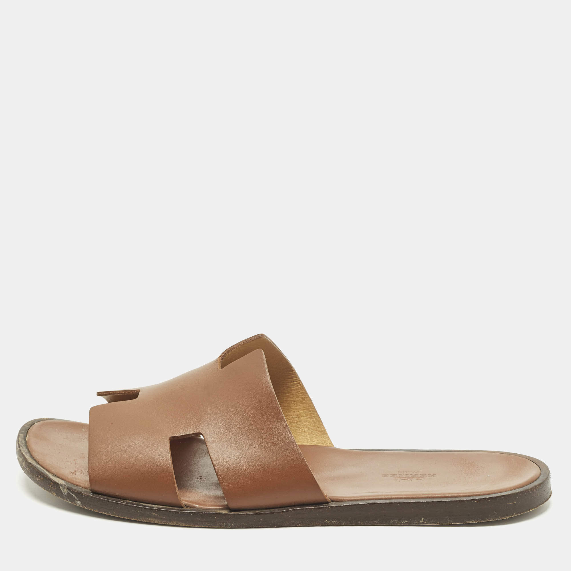 مملوكة مسبقًا Hermes Izmir Size 44 Brown Leather Flat Slide Sandals
