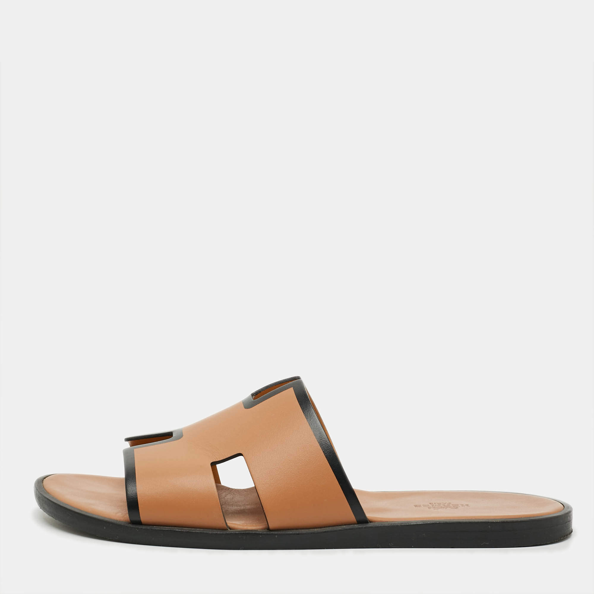 Pre Owned Hermes Izmir Size 43 Brown/Black Leather Flat Slides