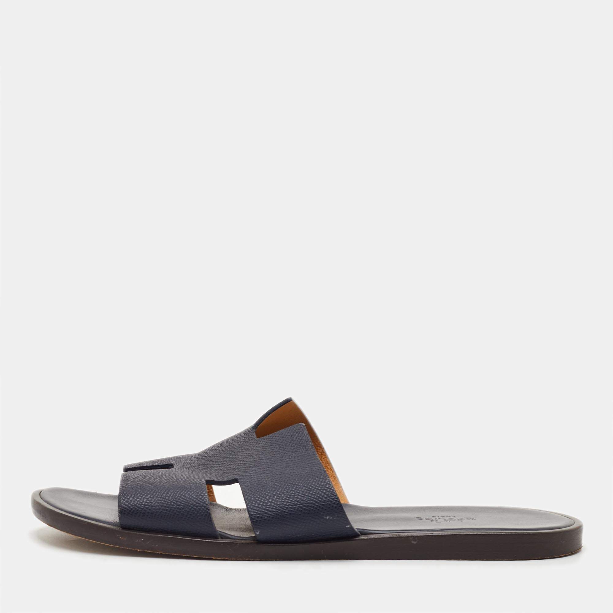 Pre Owned Hermès Izmir Size 41.5 Navy Blue Leather Flat Sandals