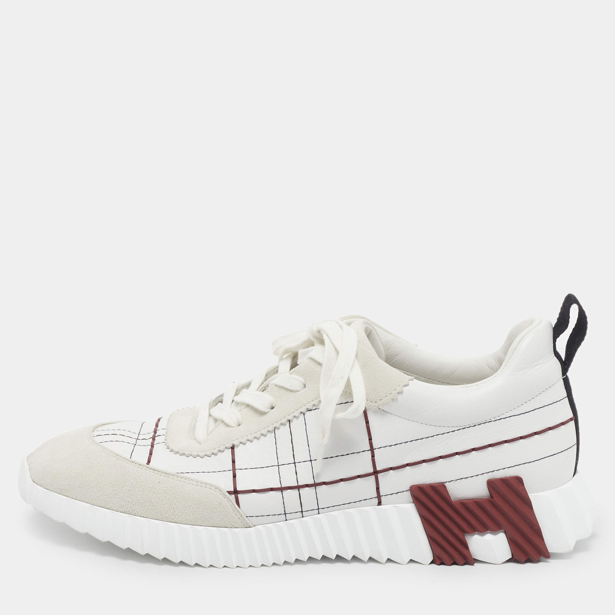 مملوكة مسبقًا Hermes Bouncing Size 43 White/Grey Leather and Suede Stitch Detail Low Top Sneakers