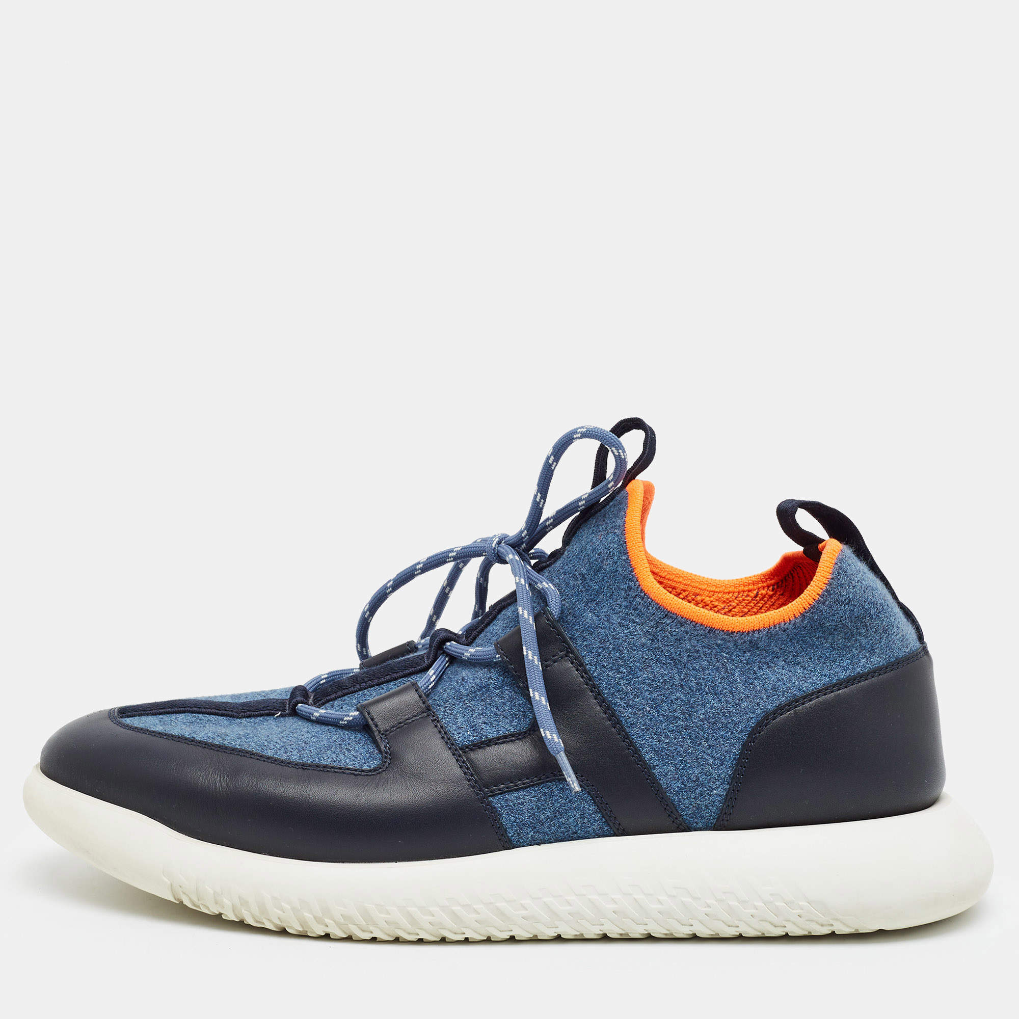 Pre Owned Hermes Duel Size 43 Two Tone Knit Fabric and Leather Low Top Sneakers