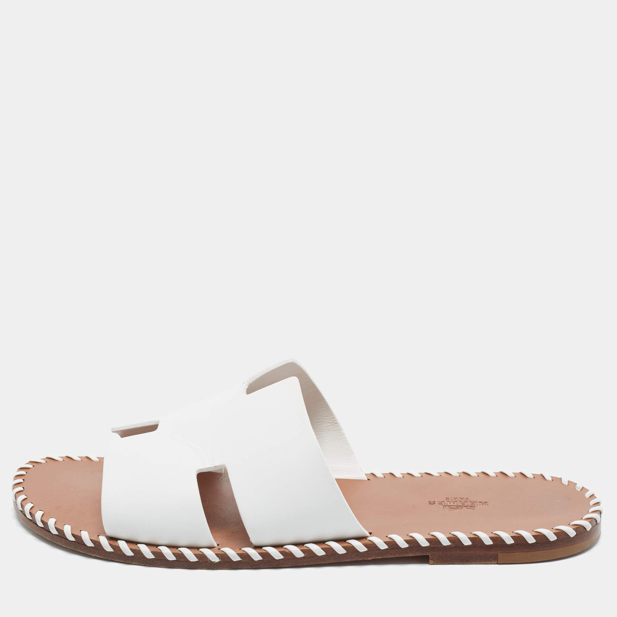 Pre Owned Hermes Izmir Size 43 White Leather Flat Slides