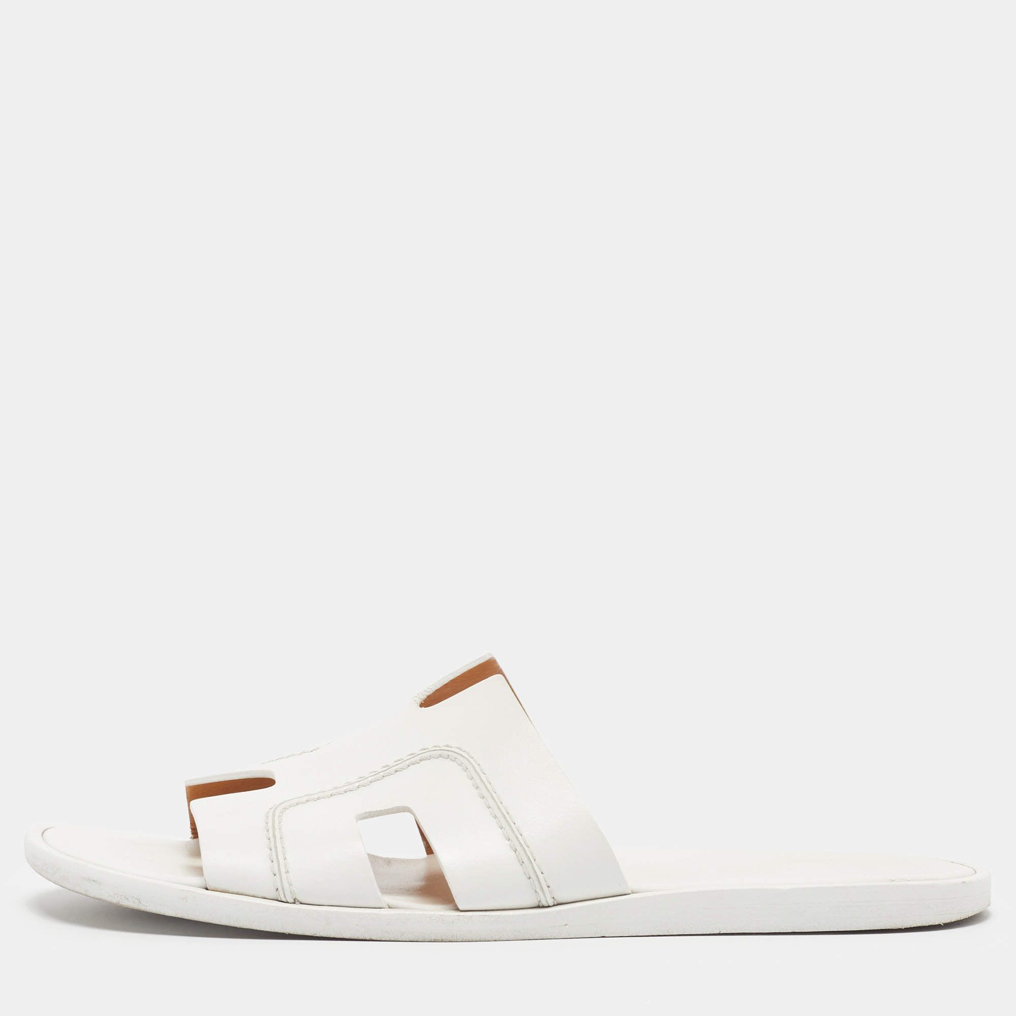 Pre Owned Hermes Izmir Size 43.5 White Leather Flat Slides