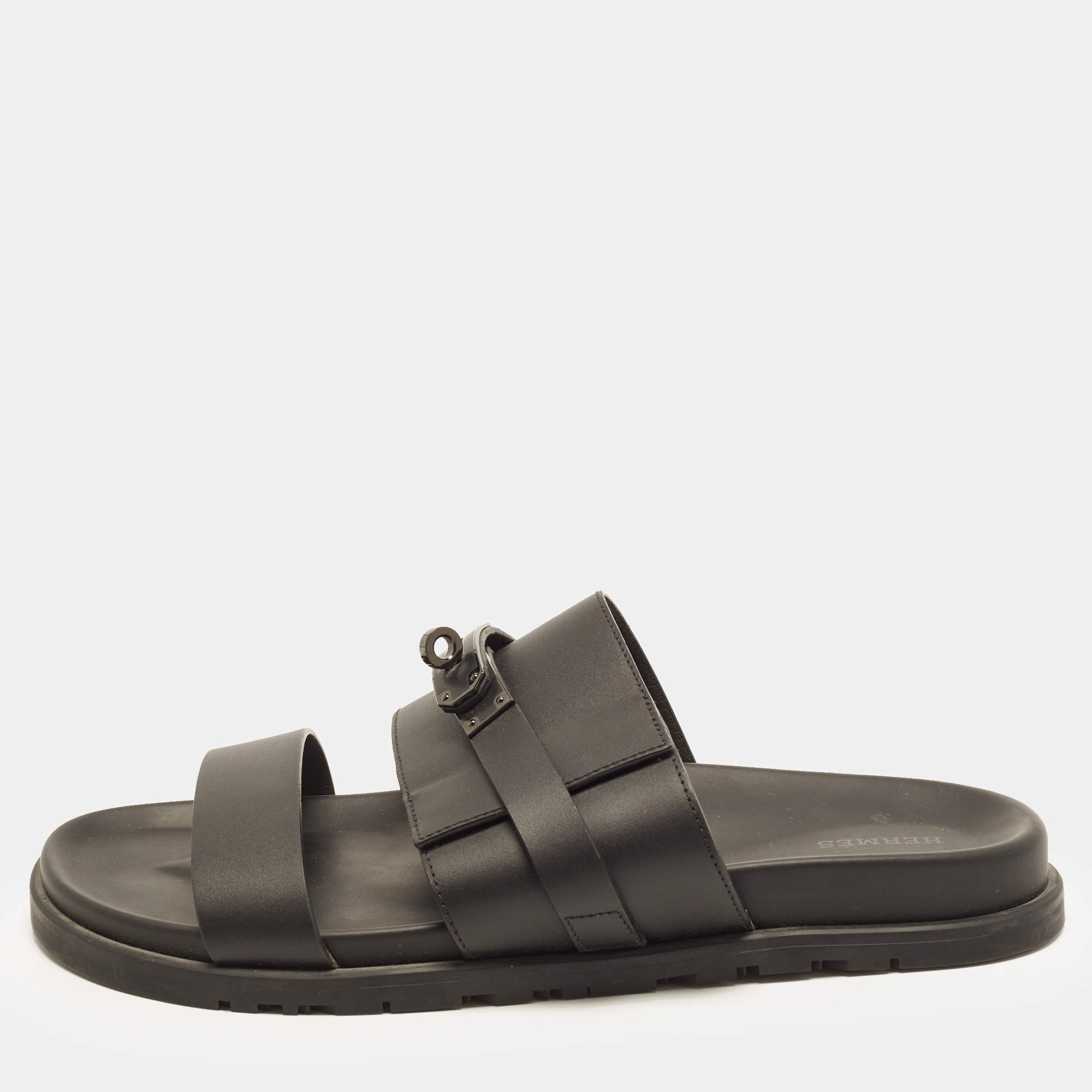 Pre Owned Hermes Jackson Size 43 Black Leather Flat Sandals