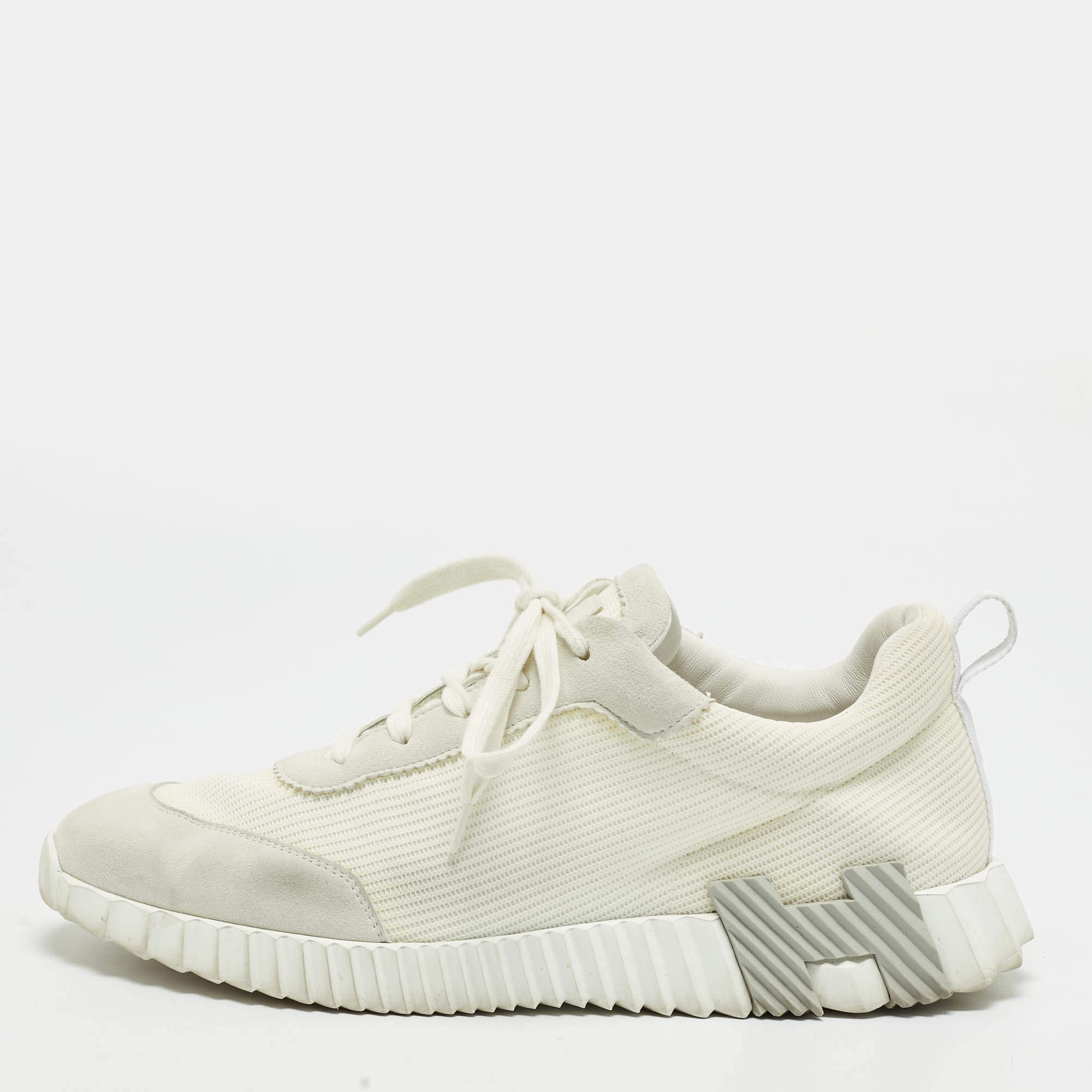 Pre Owned Hermes Bouncing Size 44 Cream/Grey Mesh and Suede Lace Up Sneakers