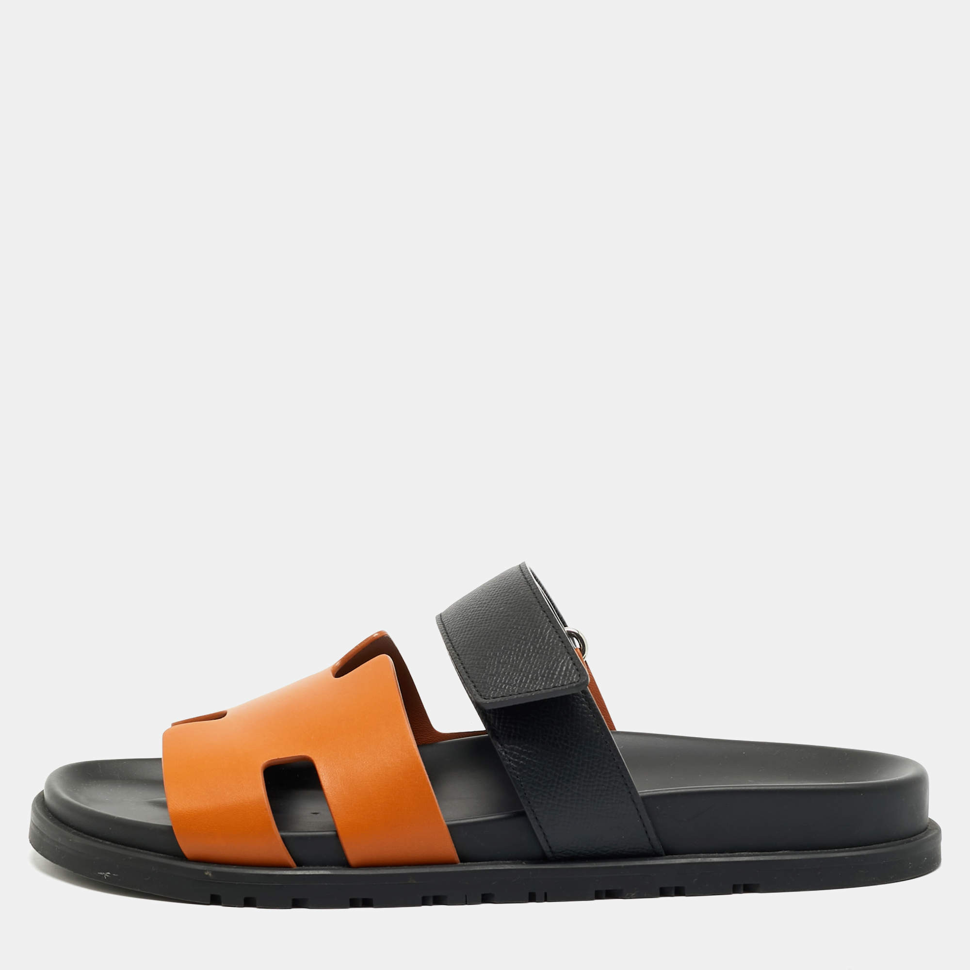 Pre Owned Hermes Chypre Size 42.5 Brown/Black Leather Flat Sandals
