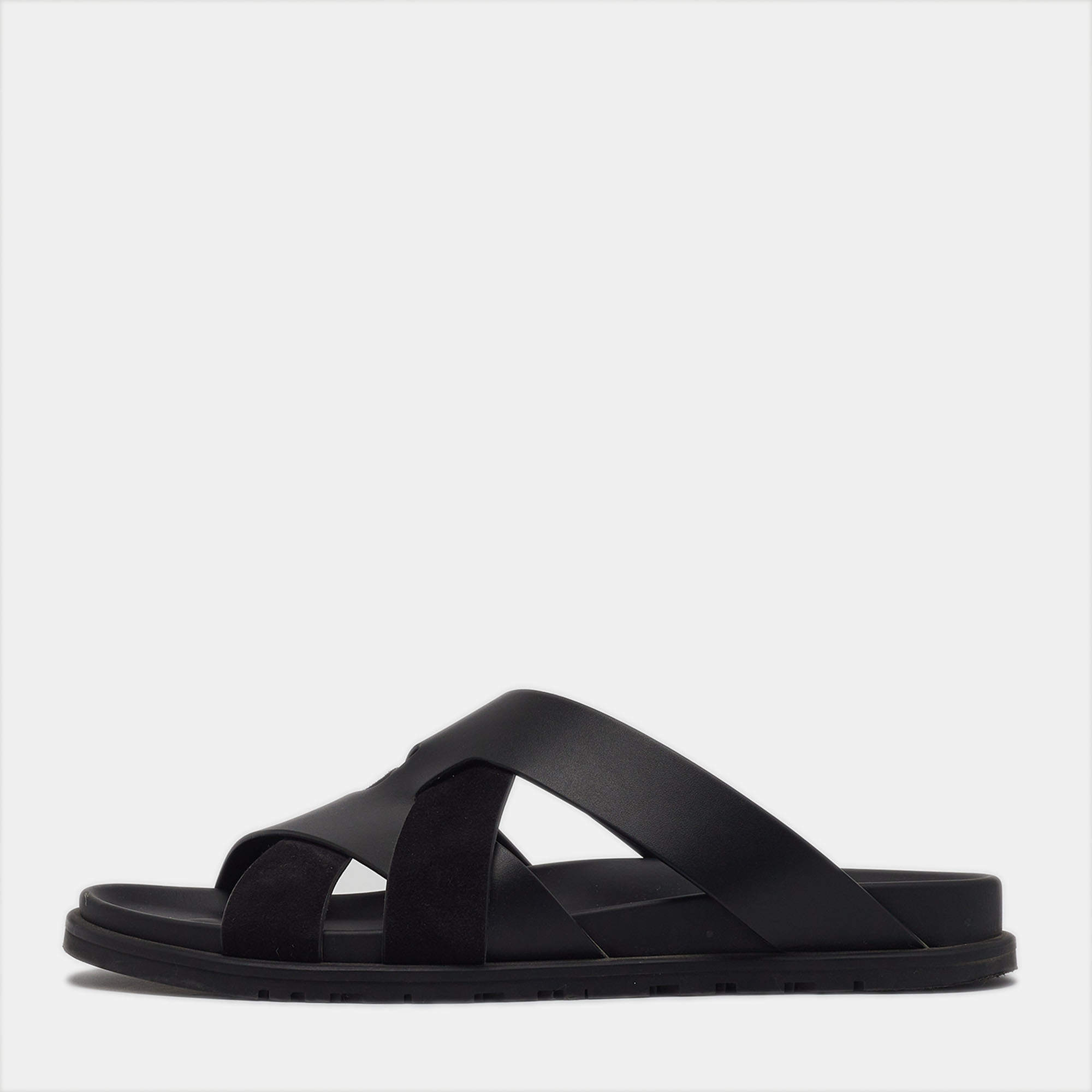مملوكة مسبقًا Hermes kazimir Size 43 Black Leather and Suede Flat Slide