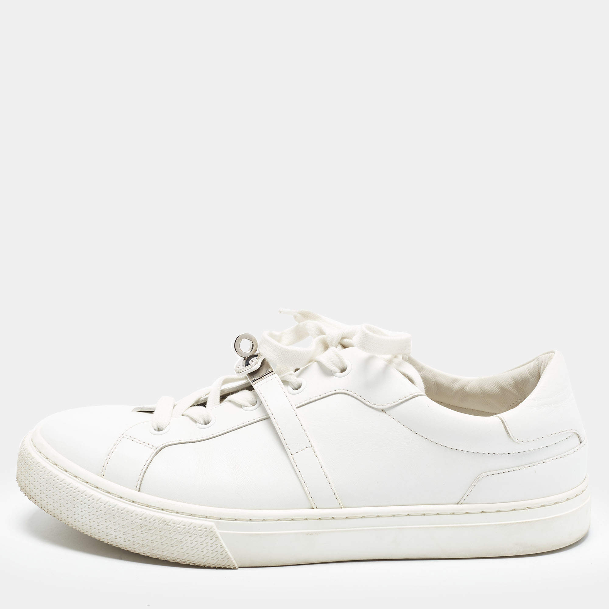 Pre Owned Hermes Day Size 40.5 White Leather Low Top Sneakers