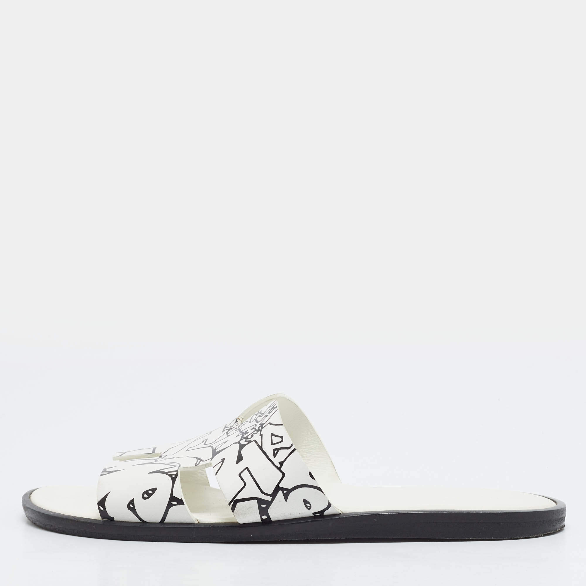 Pre Owned Hermes Izmir Size 42 White/Black Leather Flat Slides