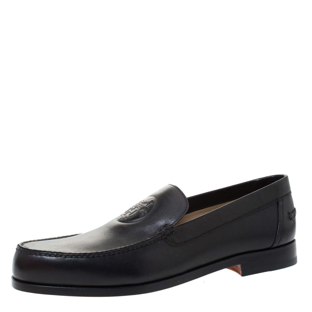 Hermes Black Logo Embossed Leather Slip On Loafers Size 41.5