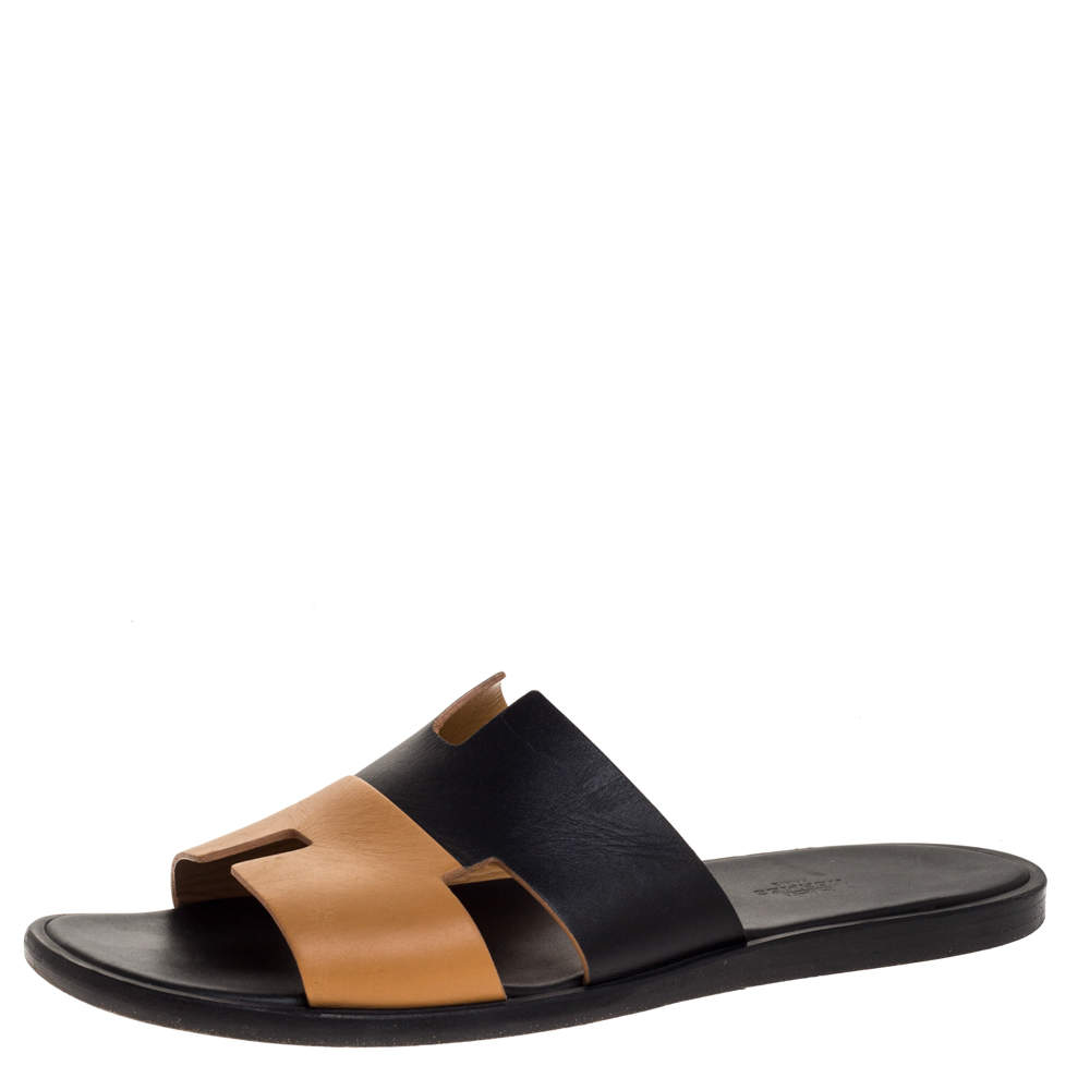 Hermes Black/Brown Leather Izmir Flat Slides Size 43.5