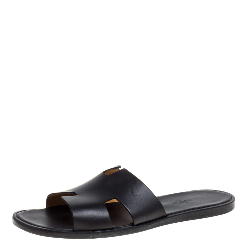 Hermès Black Leather Izmir Slide Sandals Size 46.5