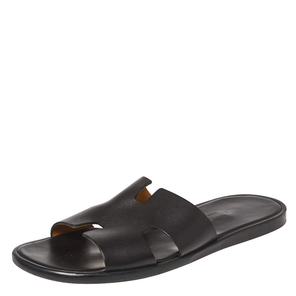 Pre Owned Hermes Black Leather Izmir Slide Sandals Size 42