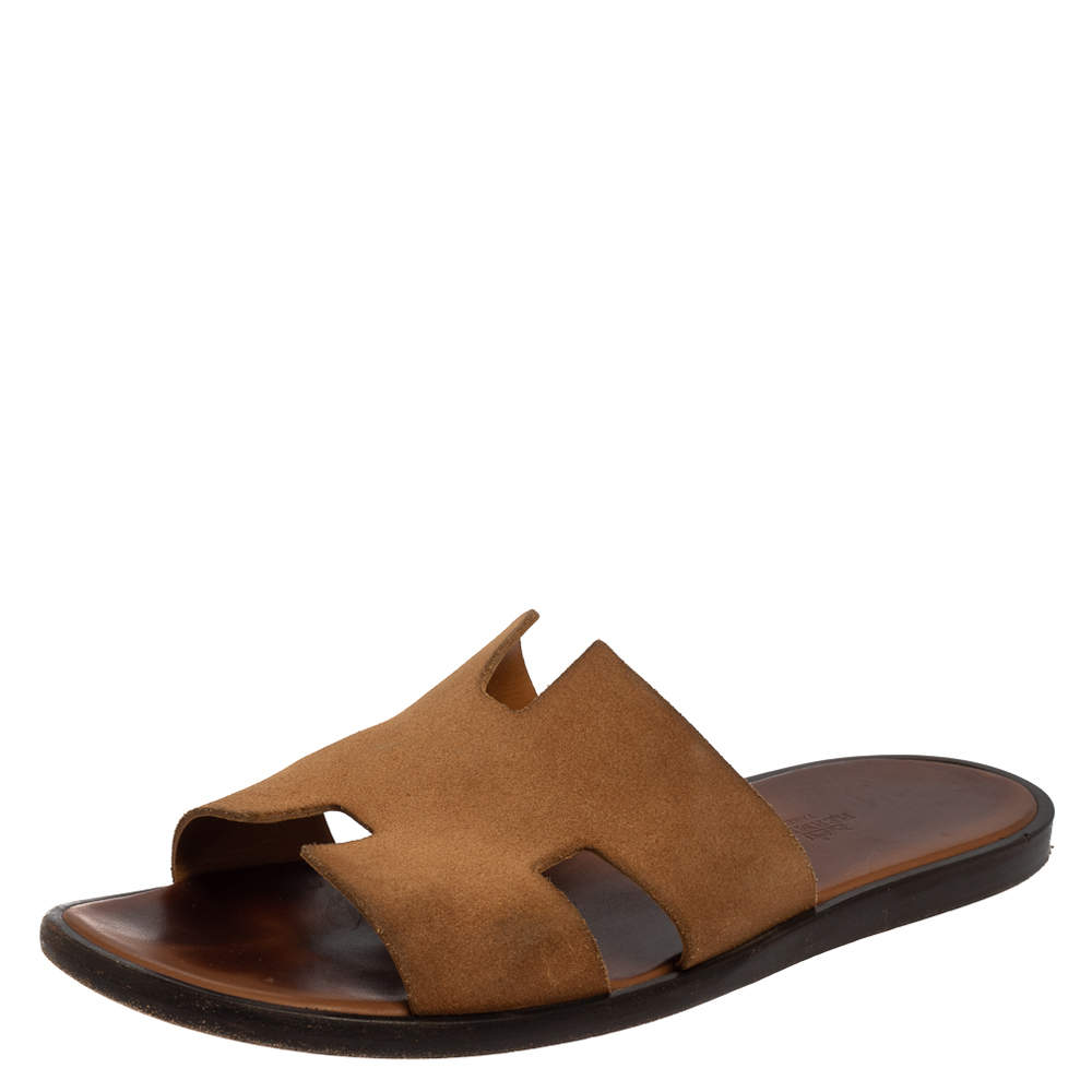 Hermes Brown Suede Izmir Flat Slides Size 43.5