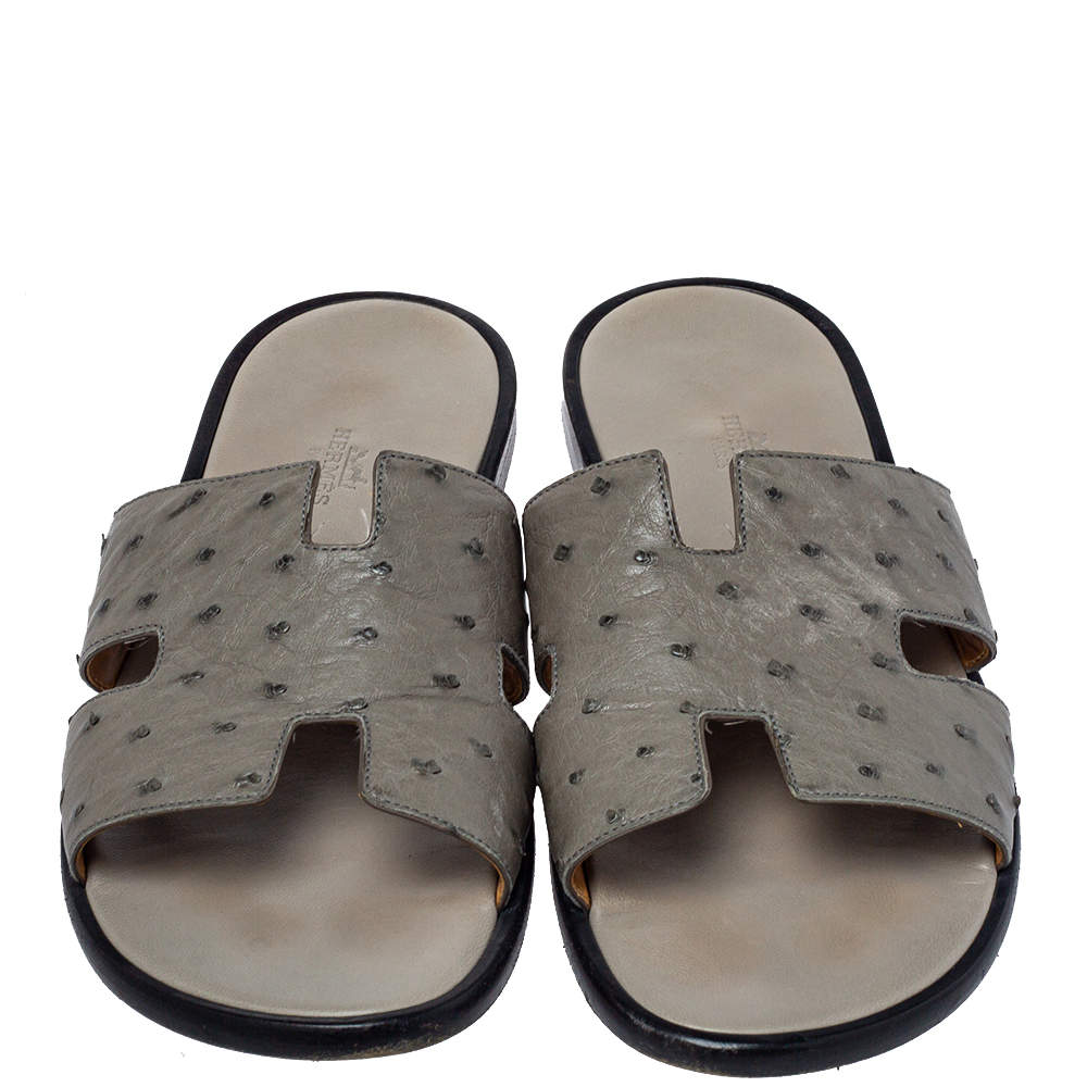 Hermes Grey Ostrich Leather Izmir Sandals Size 42 Hermes