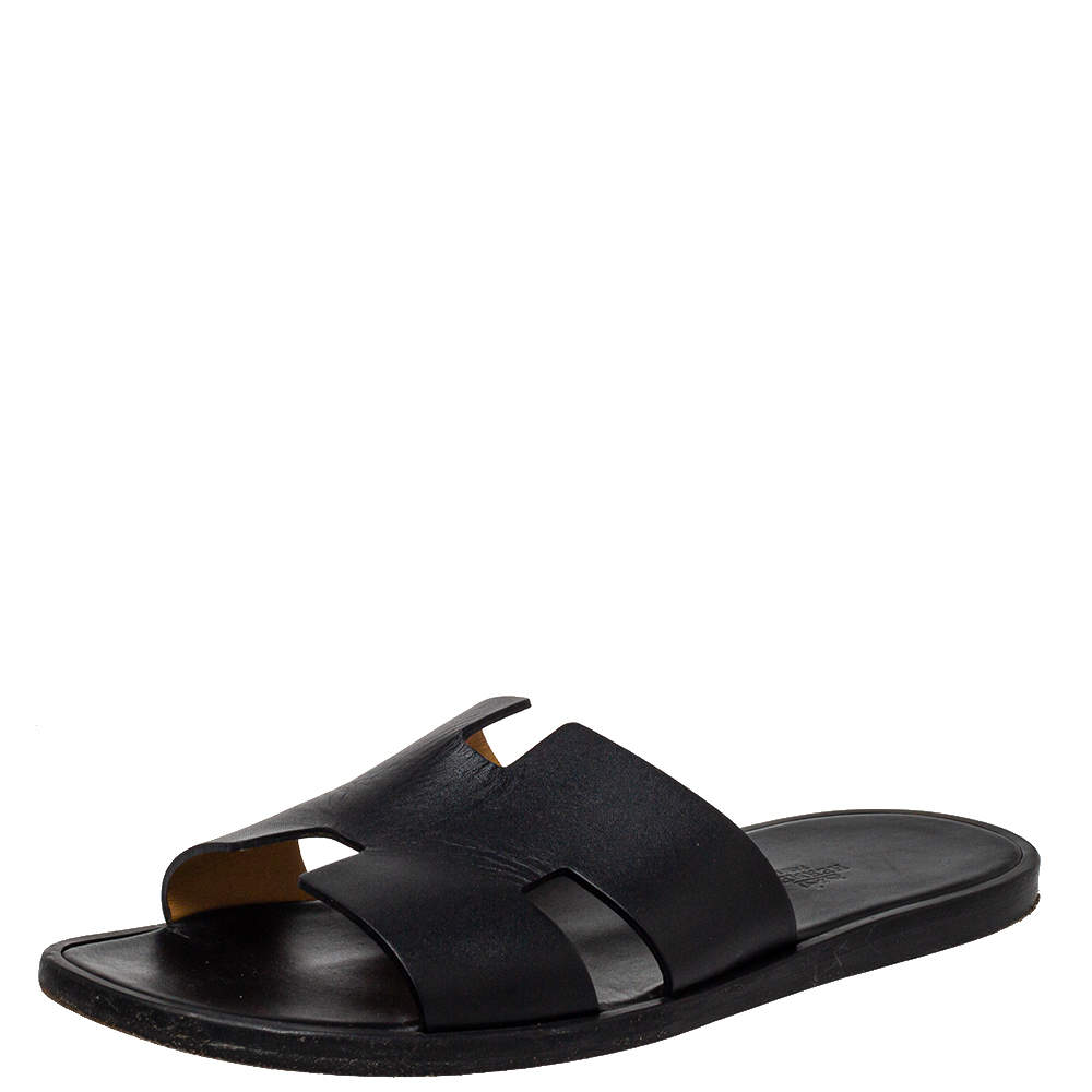Pre Owned Hermes Black Leather Izmir Slide Sandal Size 42.5
