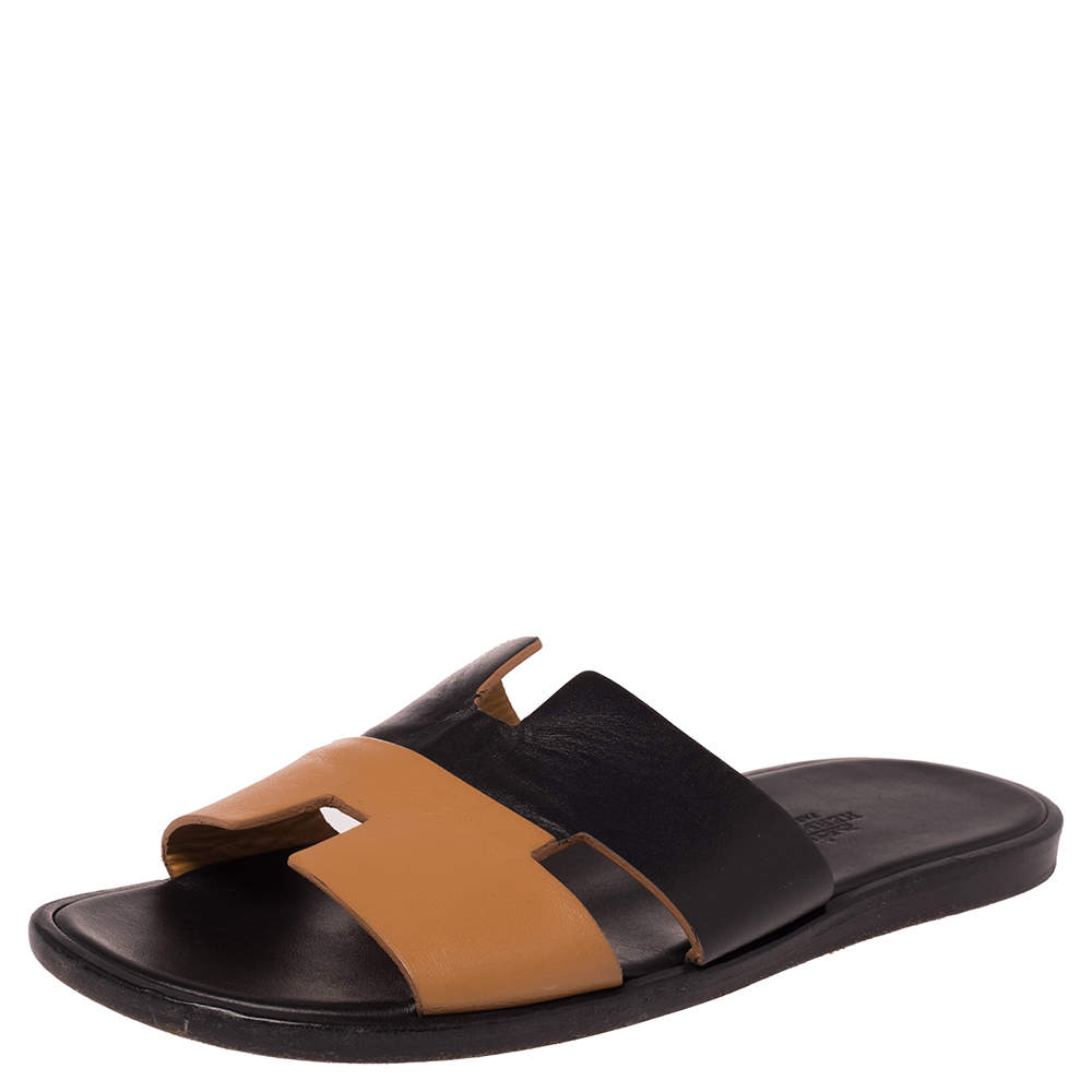 Hermes Tan/Black Leather Izmir Sandals Size 41