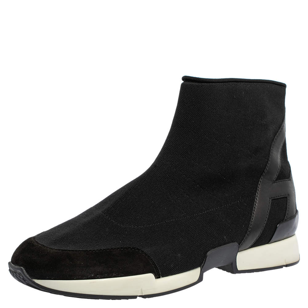 Hermes Black Knit Fabric And Leather Soft High Top Sneakers Size 43.5