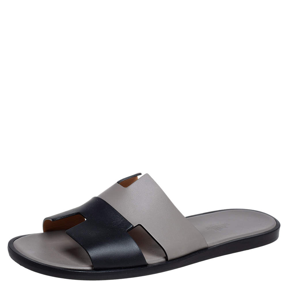 Pre Owned Hermes Grey/Black Leather Izmir Sandals Size 43