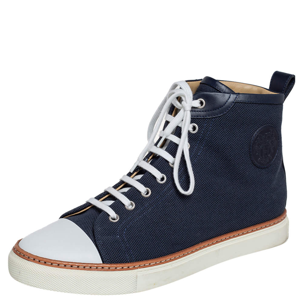 Hermes Navy Blue Canvas and Leather Jimmy High Top Sneakers Size 41.5