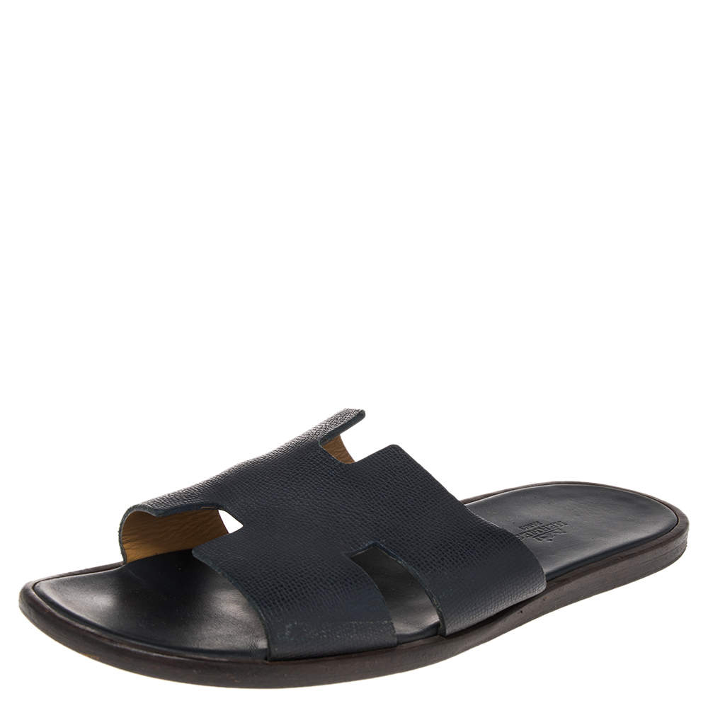 Hermes Izmir Sandals In Navy Blue Clemence Leather
