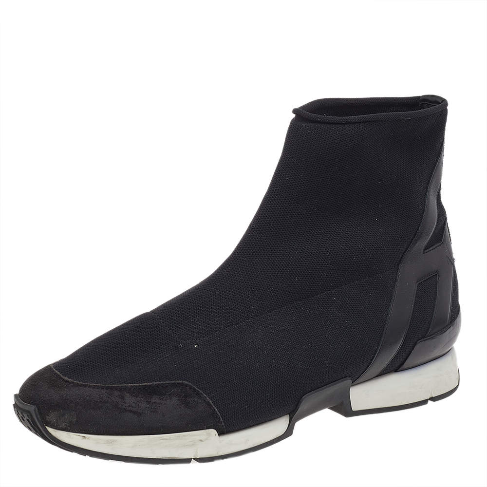Hermes Black Knit Fabric And Leather Soft High Top Sneakers Size 40