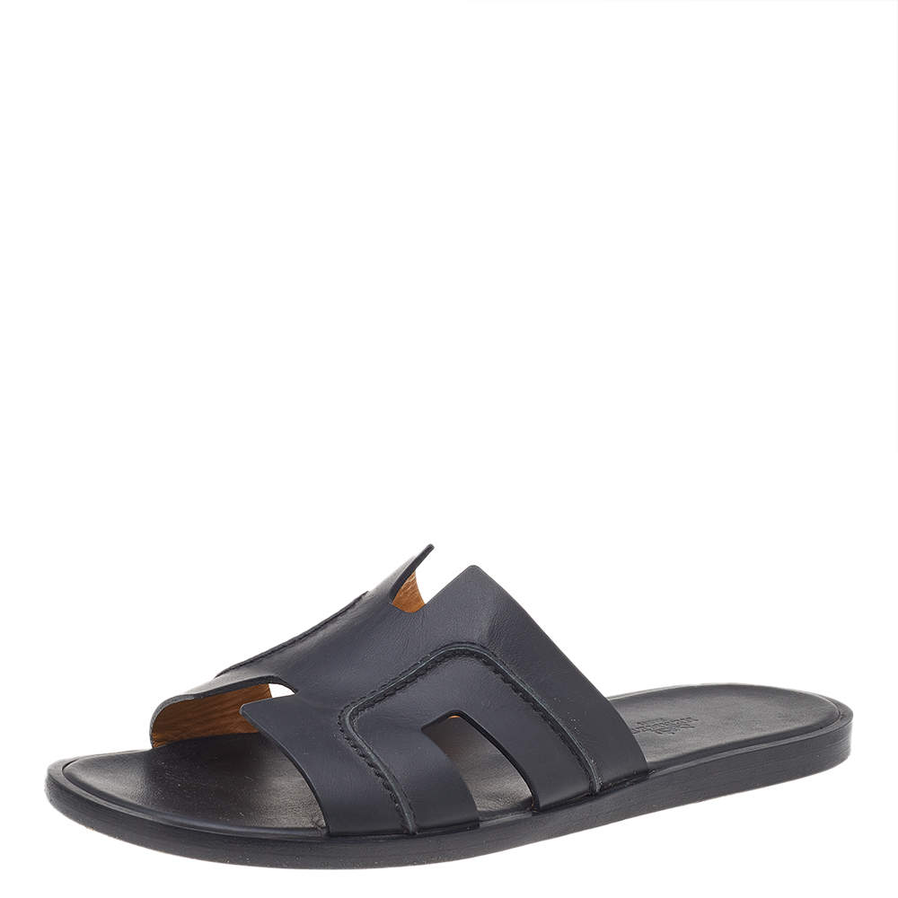Hermes Black Leather Izmir Flat Slide Sandals Size 42