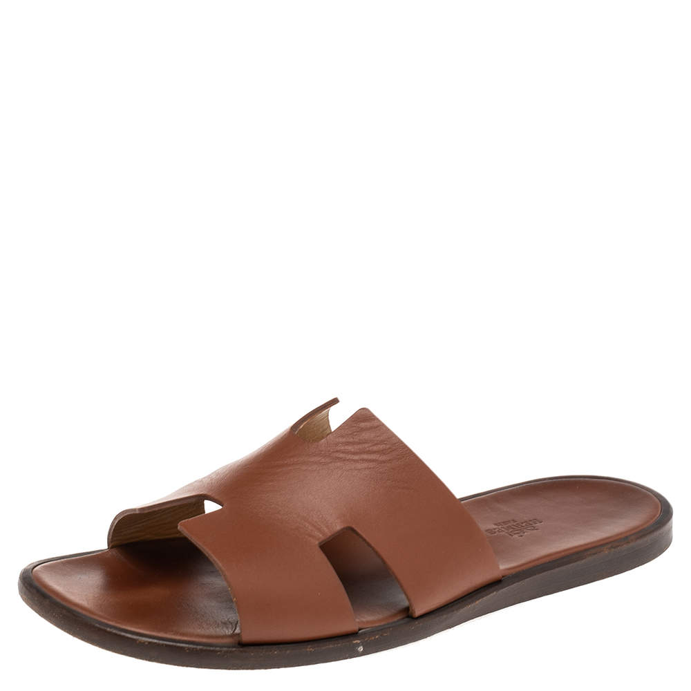 Hermes Brown Leather Izmir Flat Slides Size 43