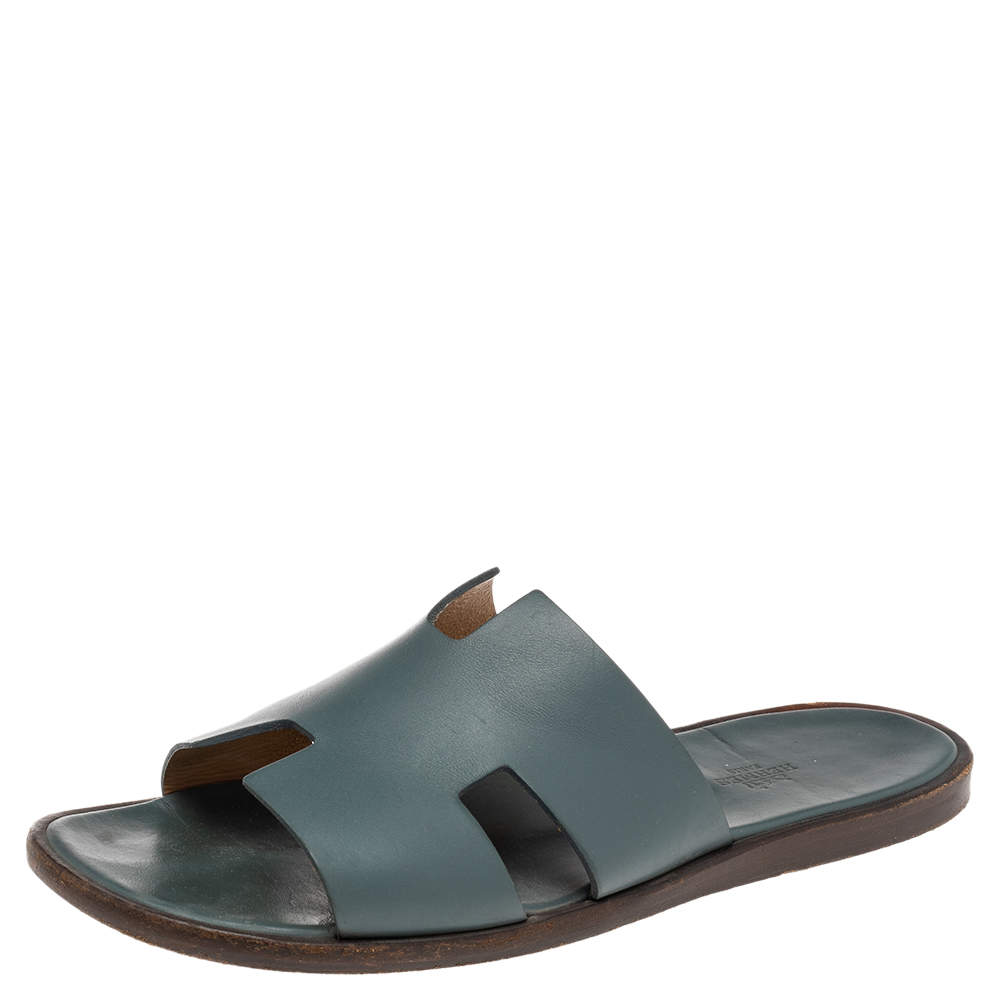 Hermes Blue Leather Izmir Flat Slides Size 43