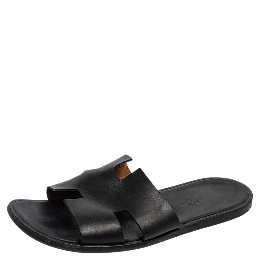 Hermes Black Leather Izmir Slide Sandals Size 43 