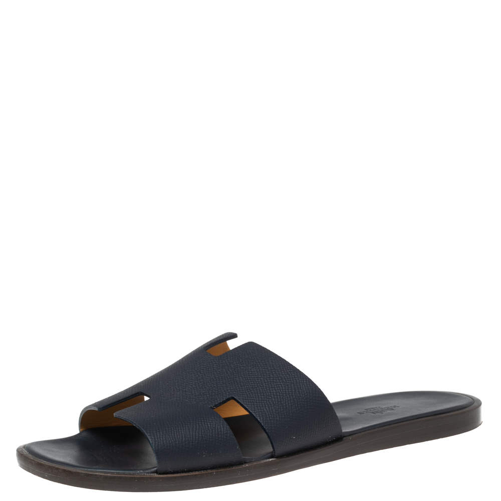 Hermés Dark Blue Leather Izmir Flat Slides Size 42.5