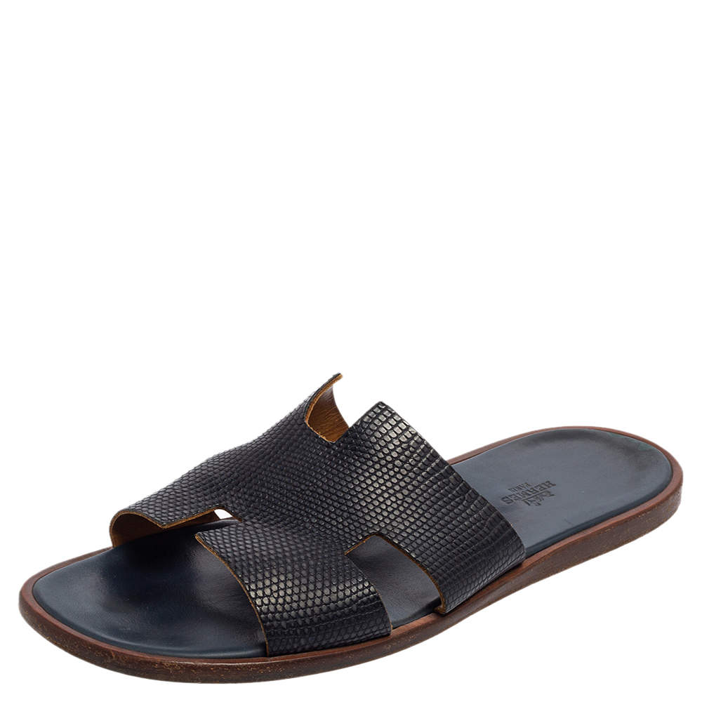 Hermés Navy Blue Lizard Embossed Leather Izmir Flat Slides Size 44.5