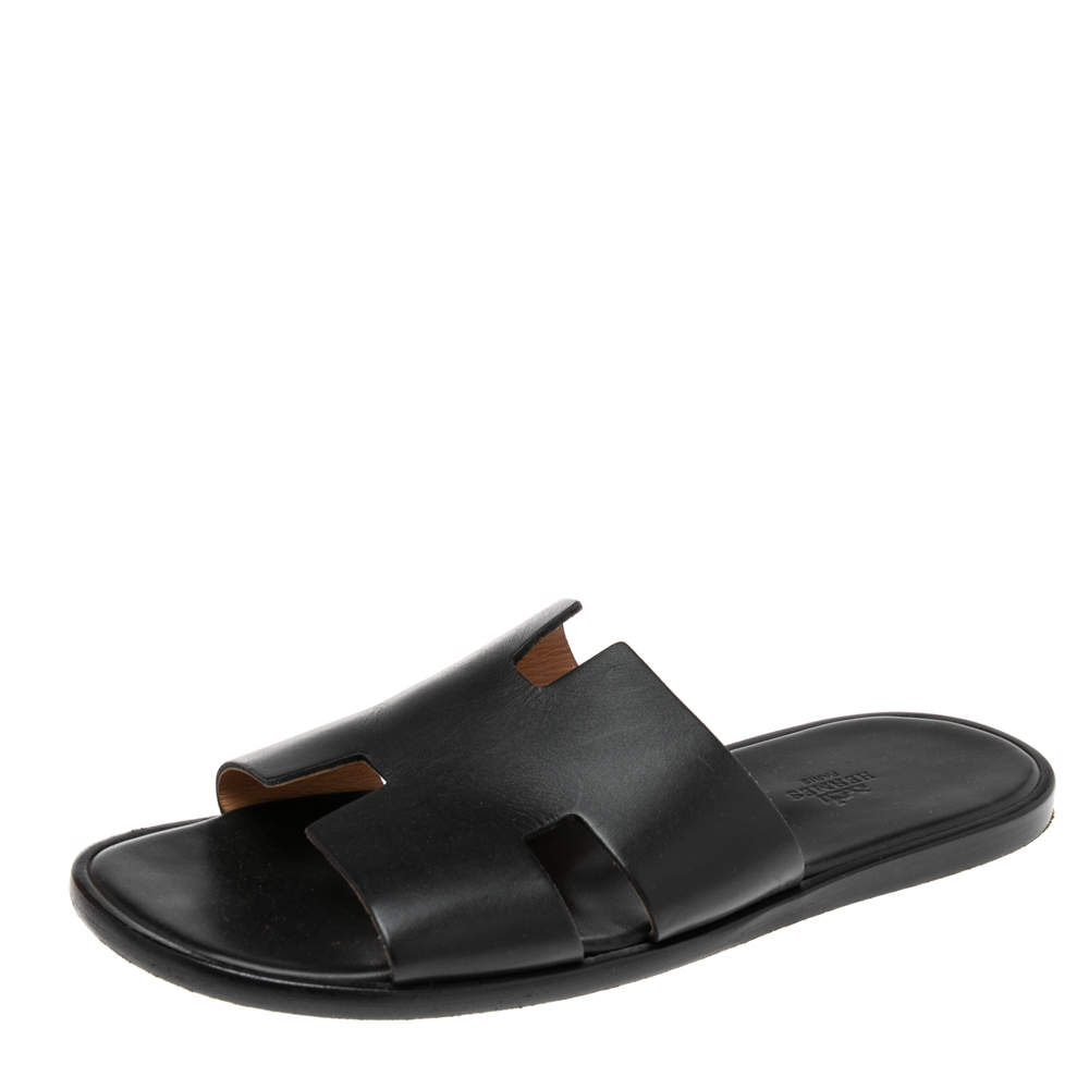 Hermes Black Leather Izmir Flat Slides Size 43.5