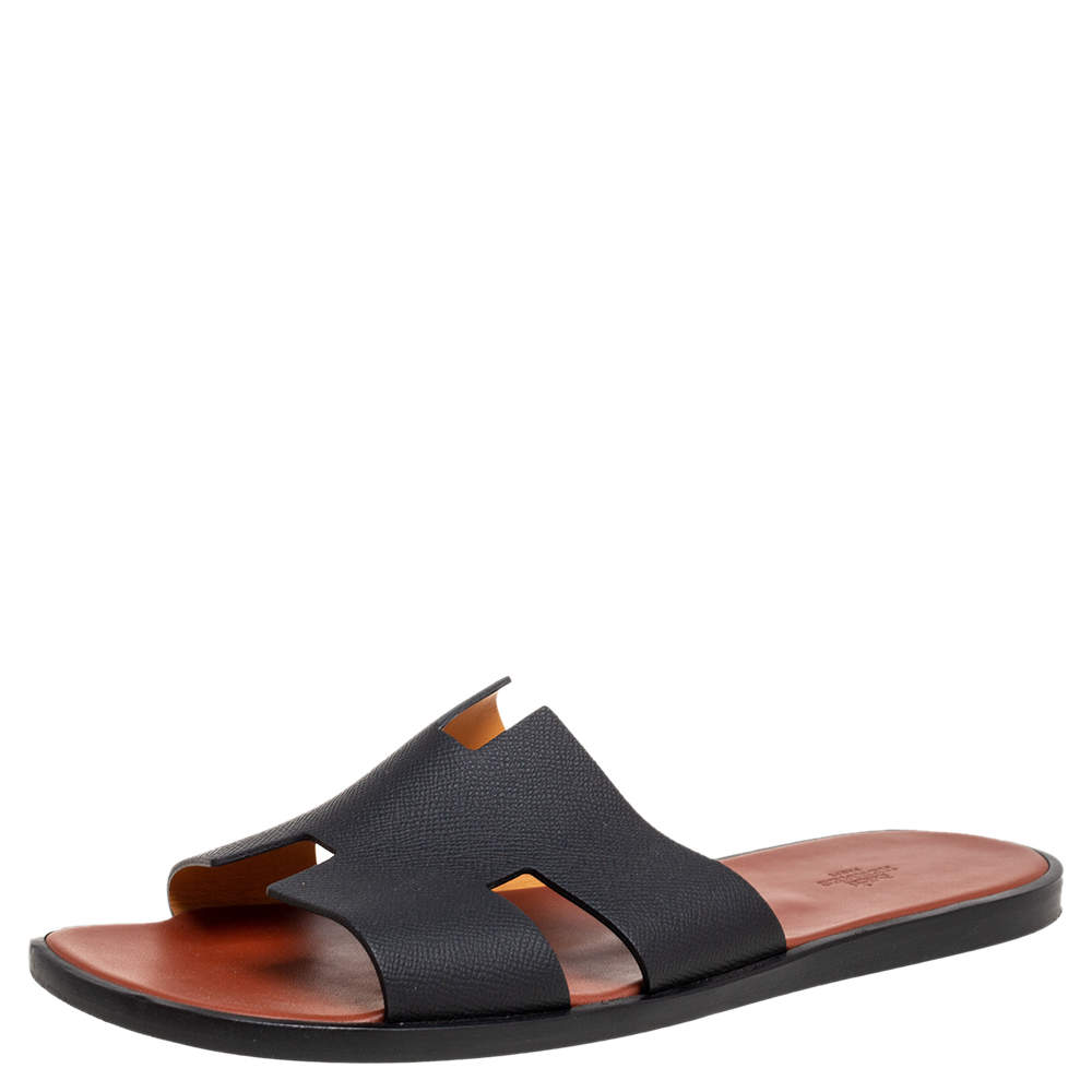 Hermes Black Leather Izmir Flat Sandals Size 47