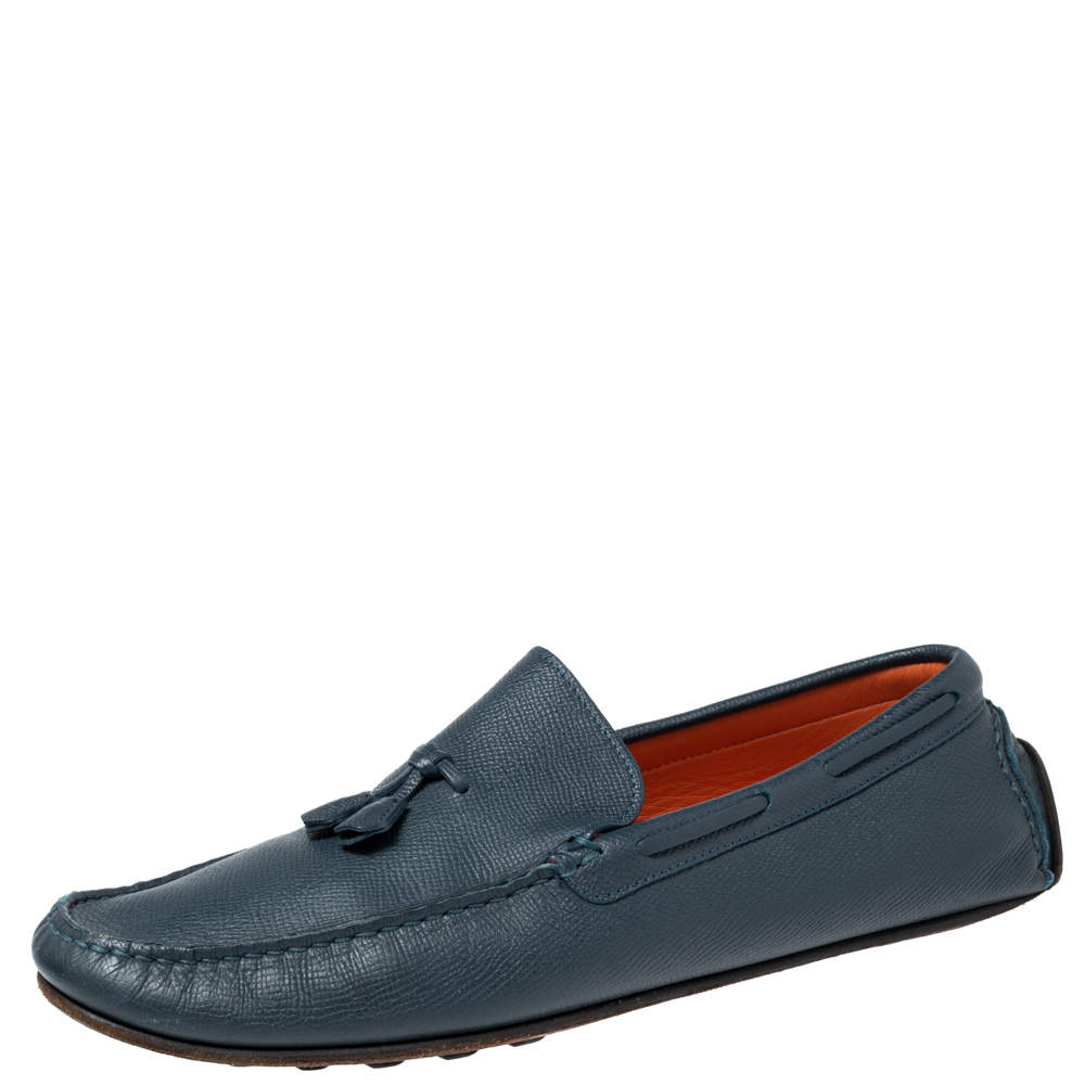 Pre Owned Hermes Navy Blue Leather Bow Detail Driver Loafers Size 41.5