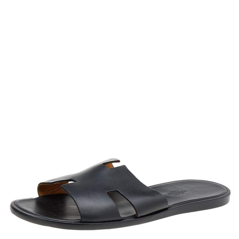 Hermes Black Leather Izmir Flat Slides Size 45